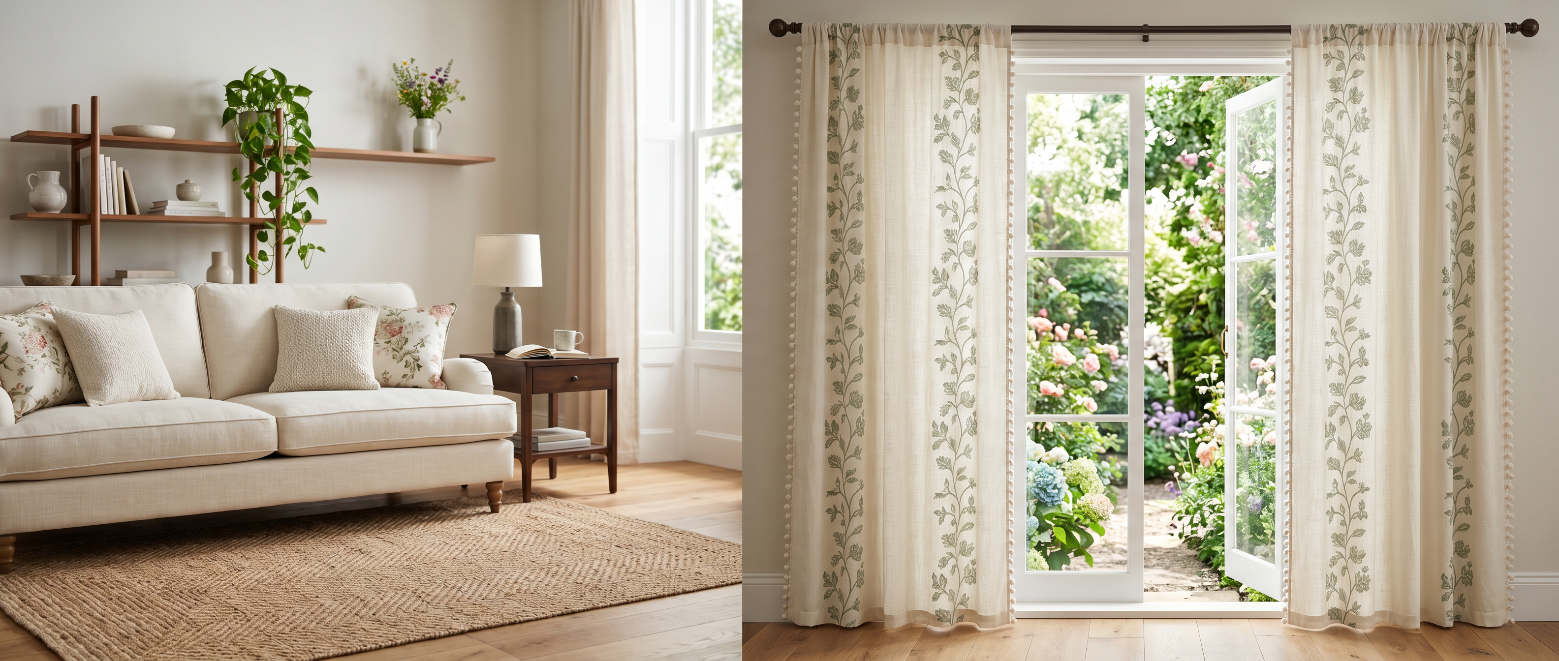 Serena Botanical Tassel Curtain in a bright airy living room with garden window