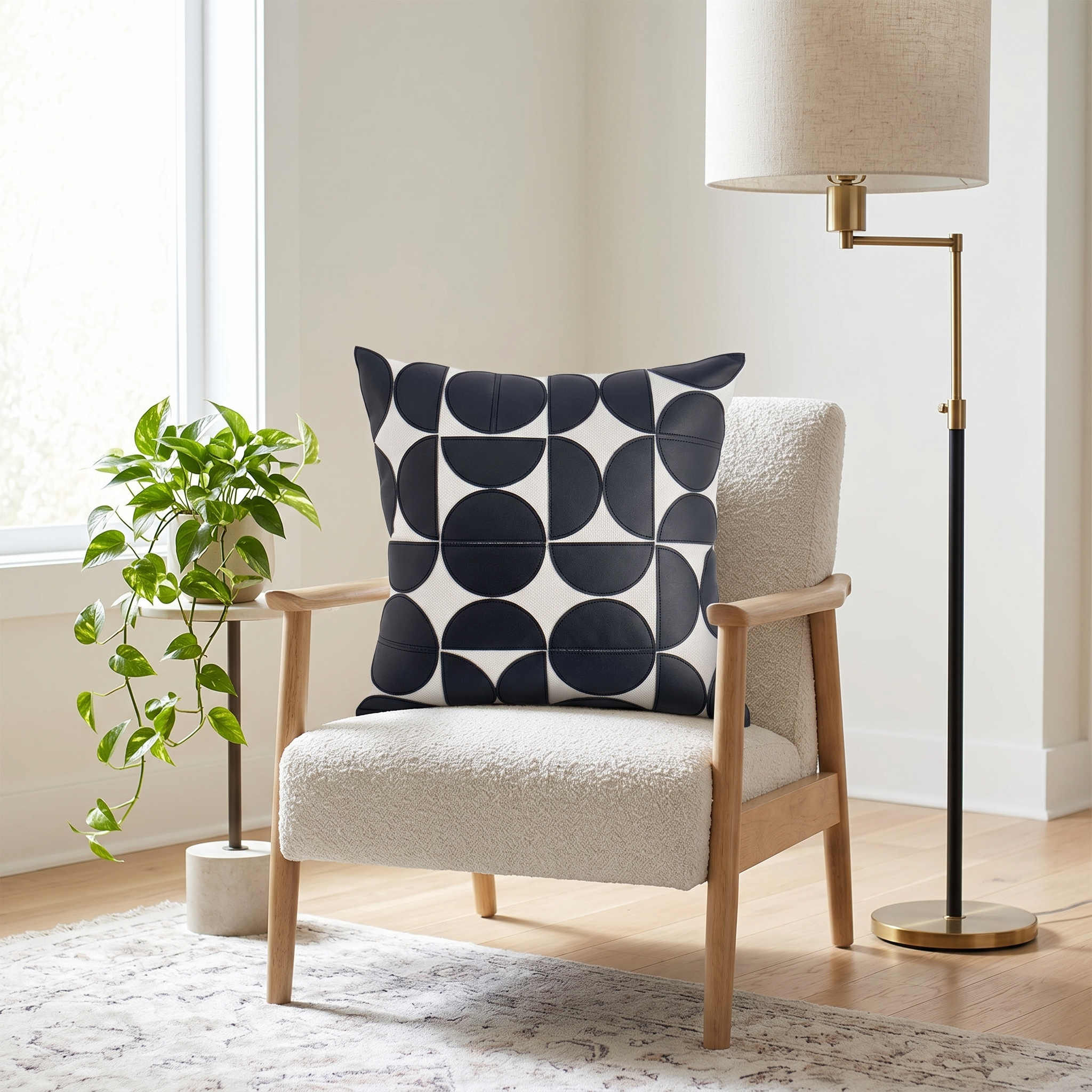 Gemma Geometric Faux Leather Cushion Cover in Black on a modern accent chair