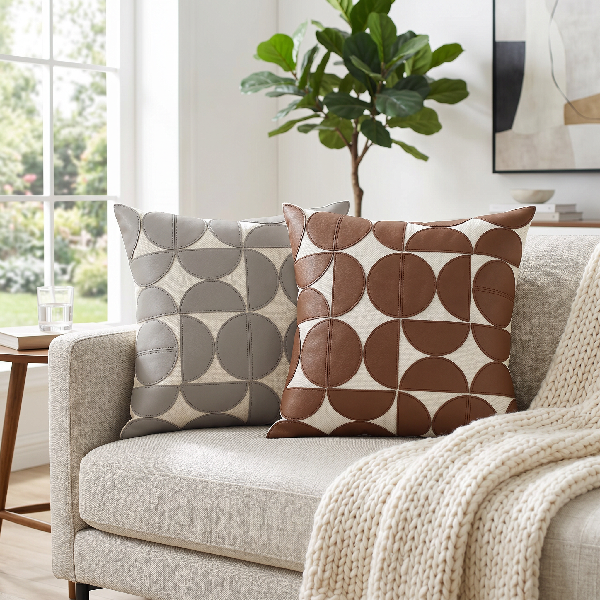 Gemma Geometric Faux Leather Cushion Covers in Gray and Brown on a sofa