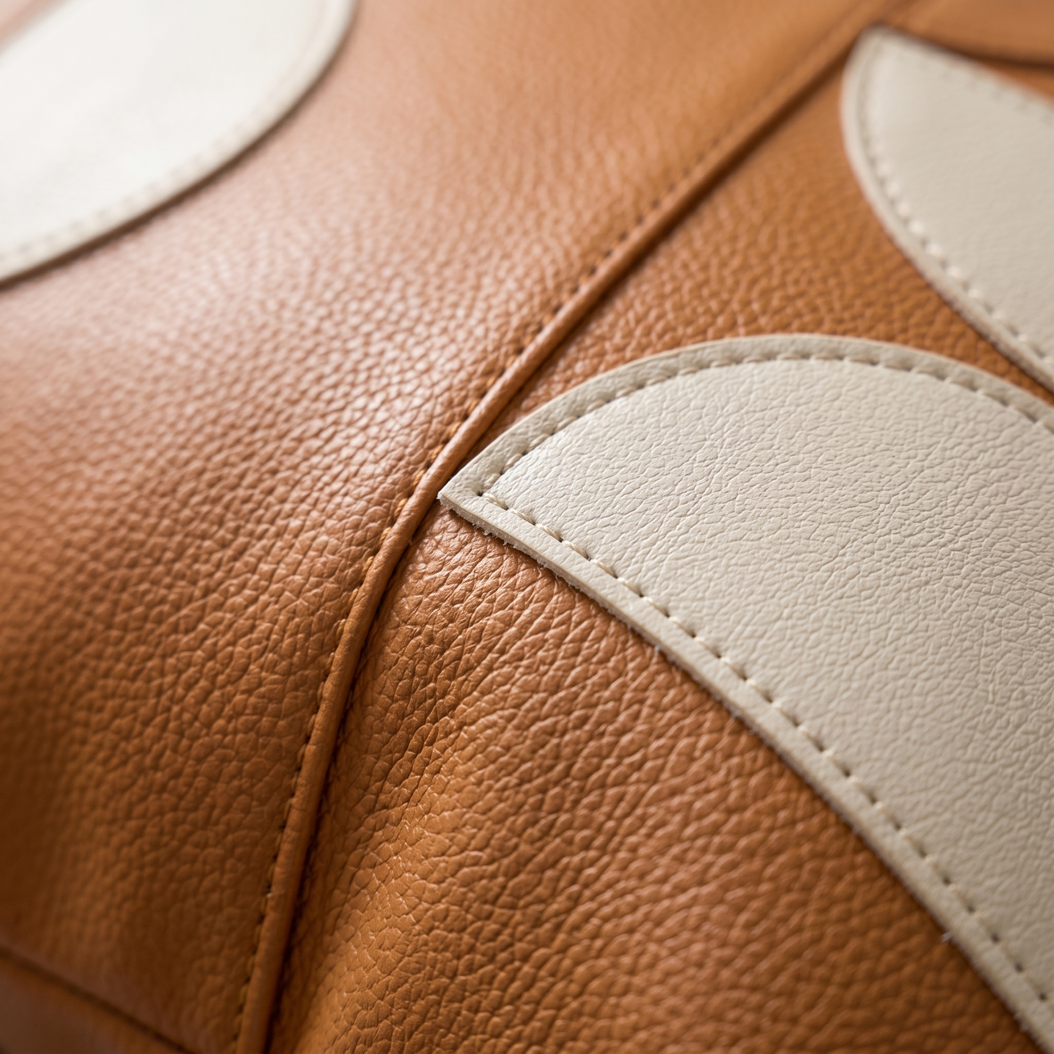 Close-up of Gemma cushion pebbled faux leather texture and stitched geometric circle inlays