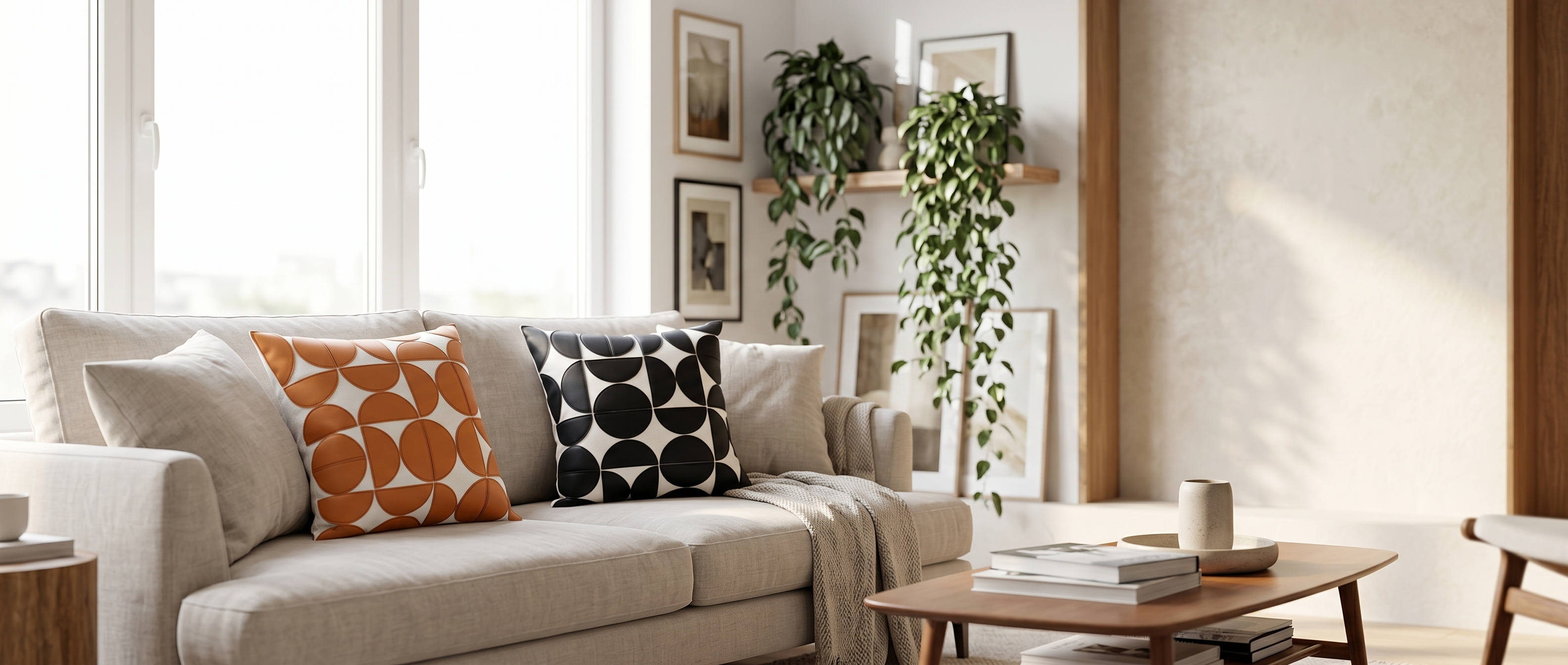 Gemma Geometric Faux Leather Cushion Covers styled in a bright modern living room