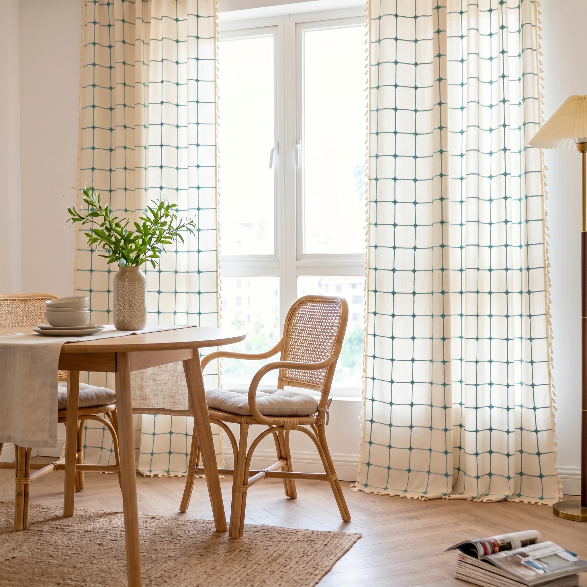 Laguna Geometric Tassel Curtains in a boho farmhouse dining nook