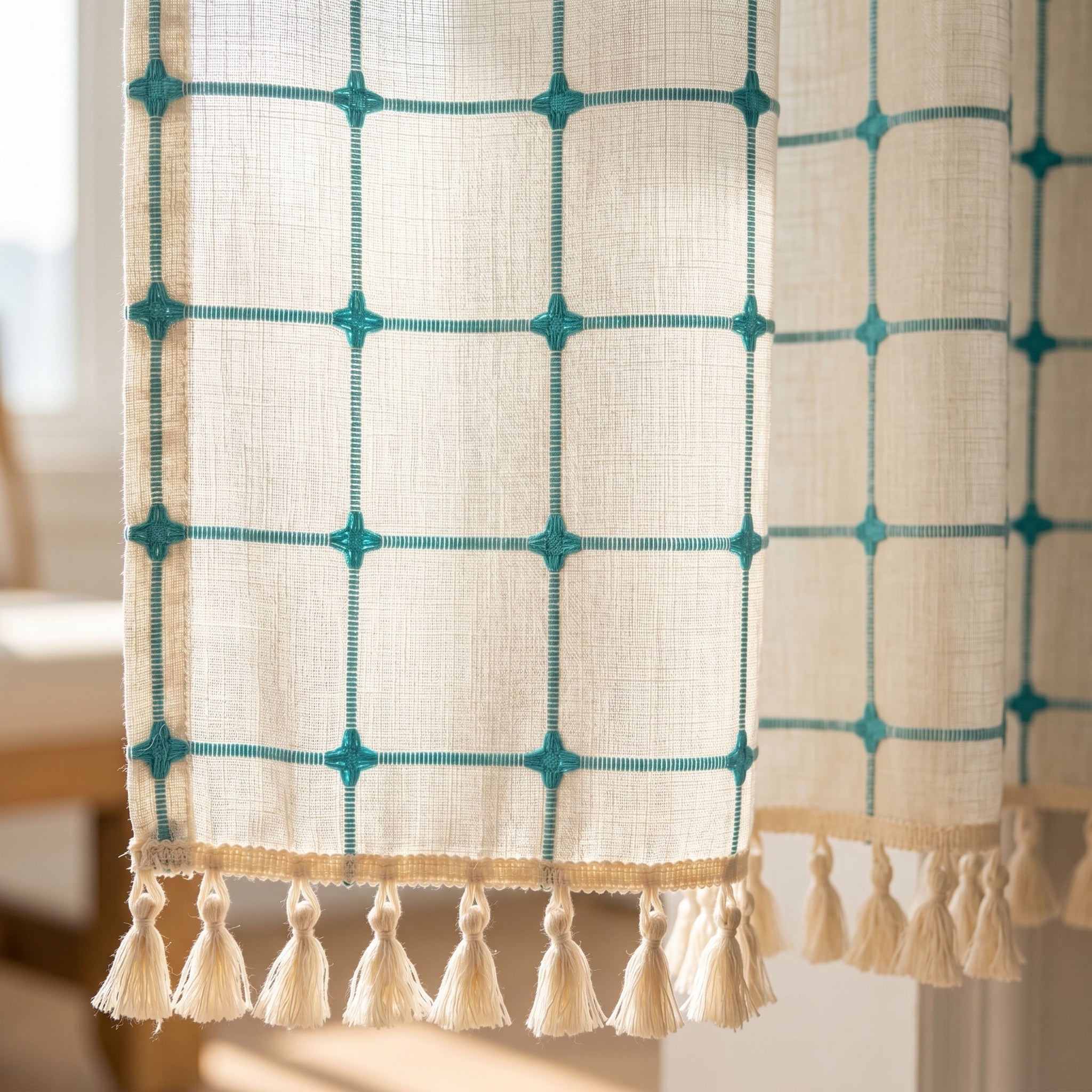 Close-up of Laguna curtain turquoise geometric grid lattice and cream tassel trim