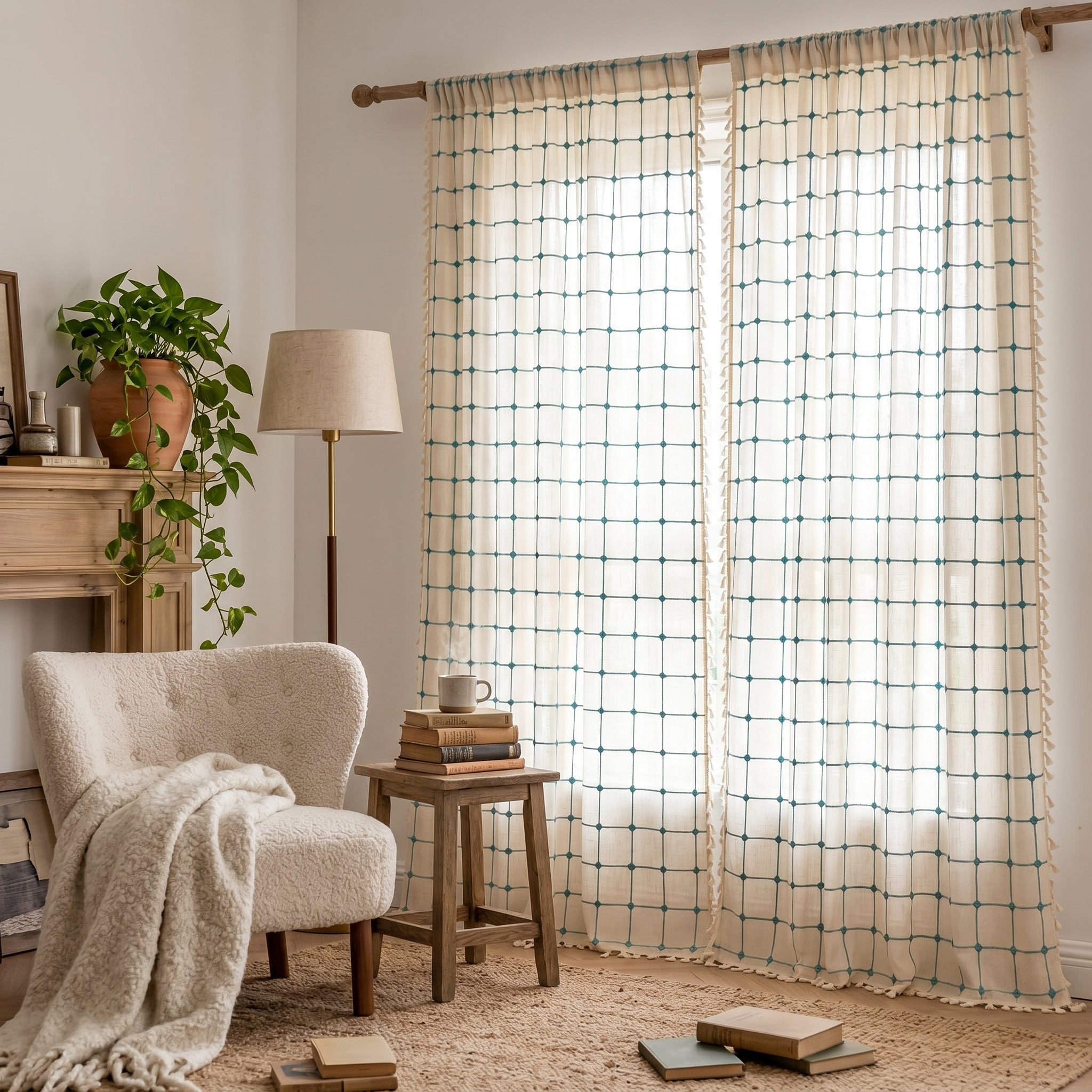 Laguna Geometric Tassel Curtains in a cozy bright reading corner