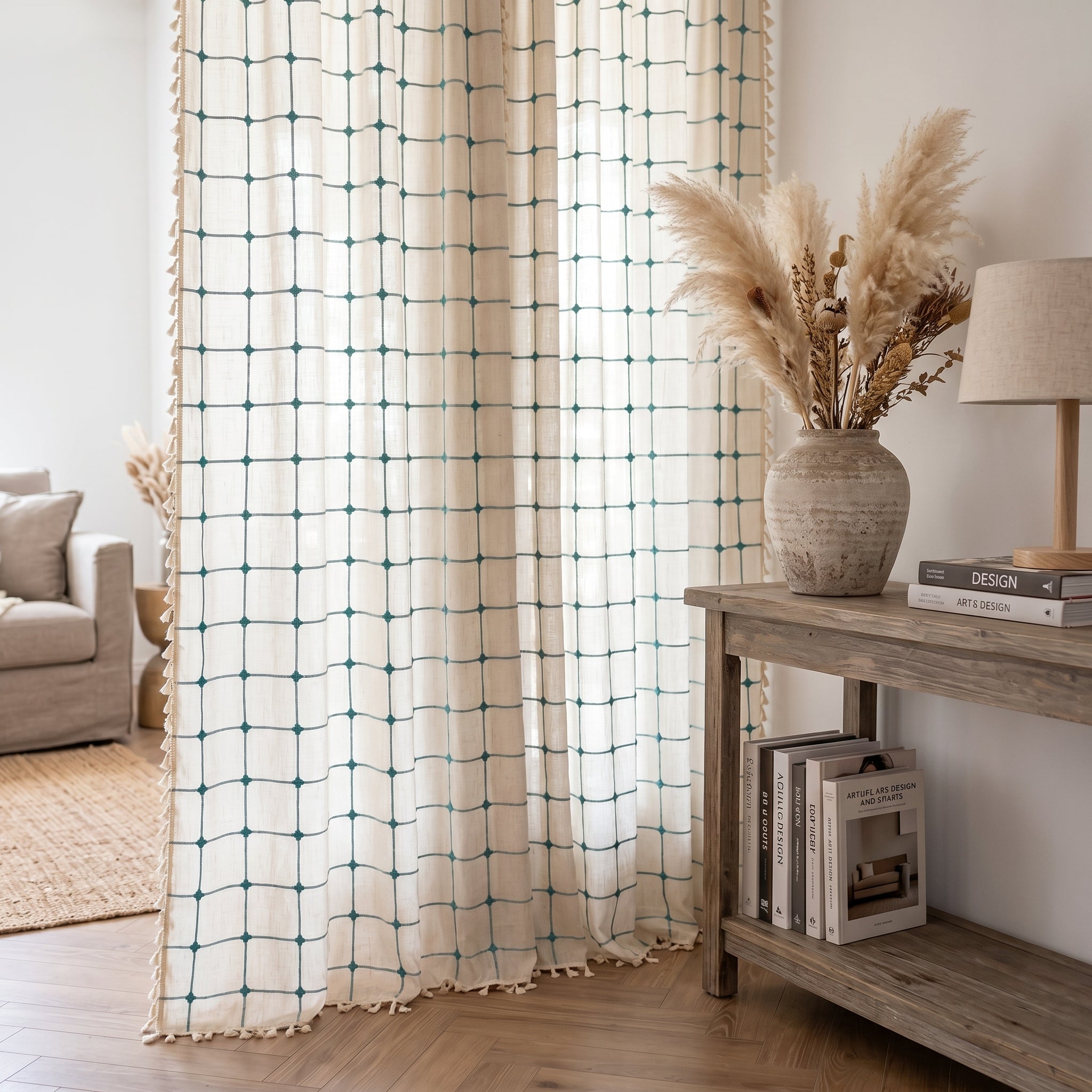 Laguna Geometric Tassel Curtain beside a console in a neutral living room