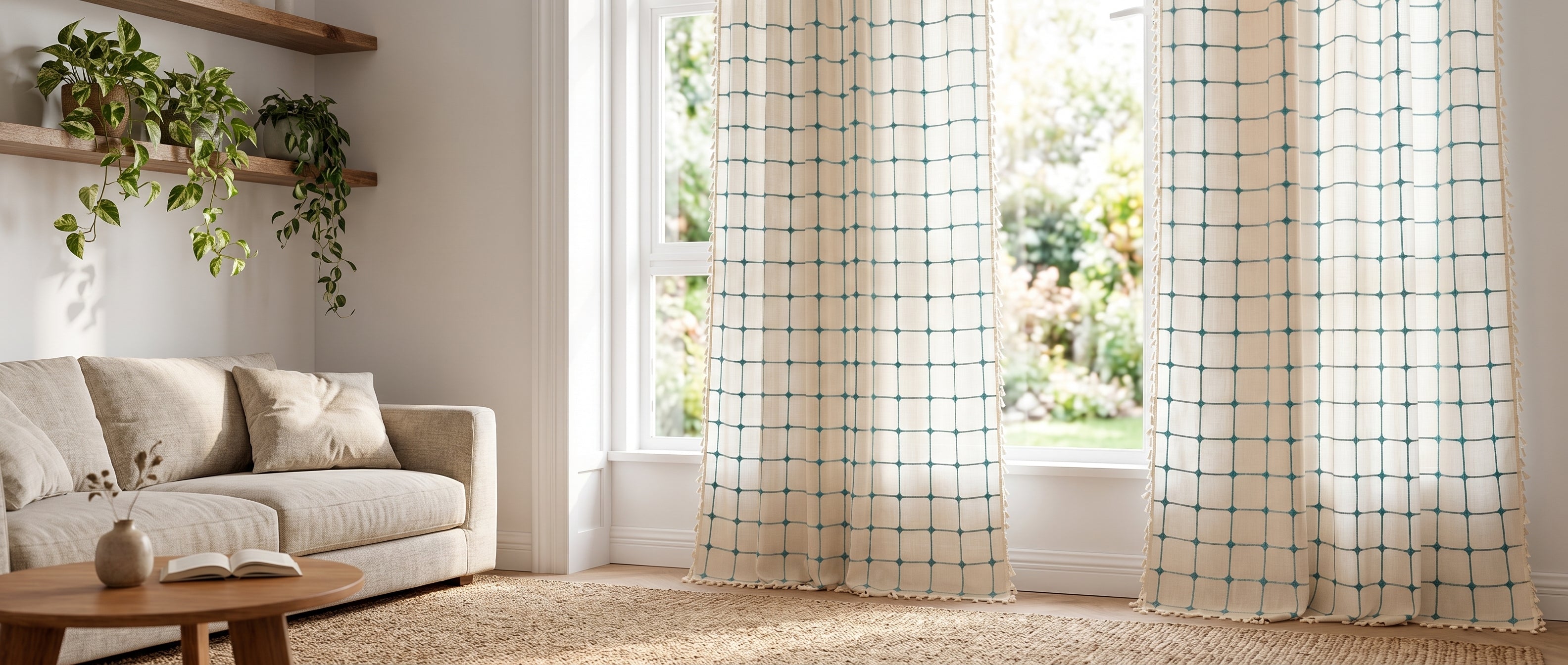 Laguna Geometric Tassel Curtains in a bright boho farmhouse living room