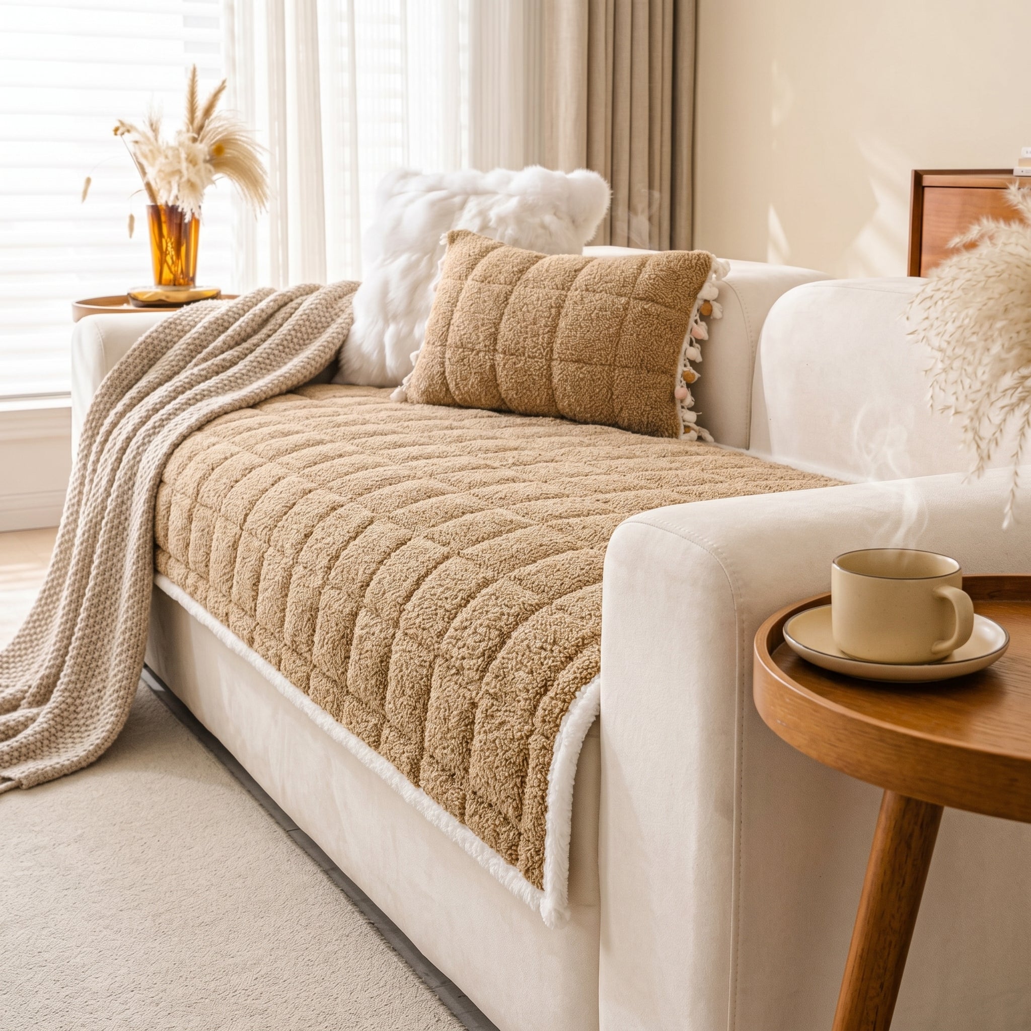 Warm sand boucle sofa cover on a cream sofa in a cozy living room