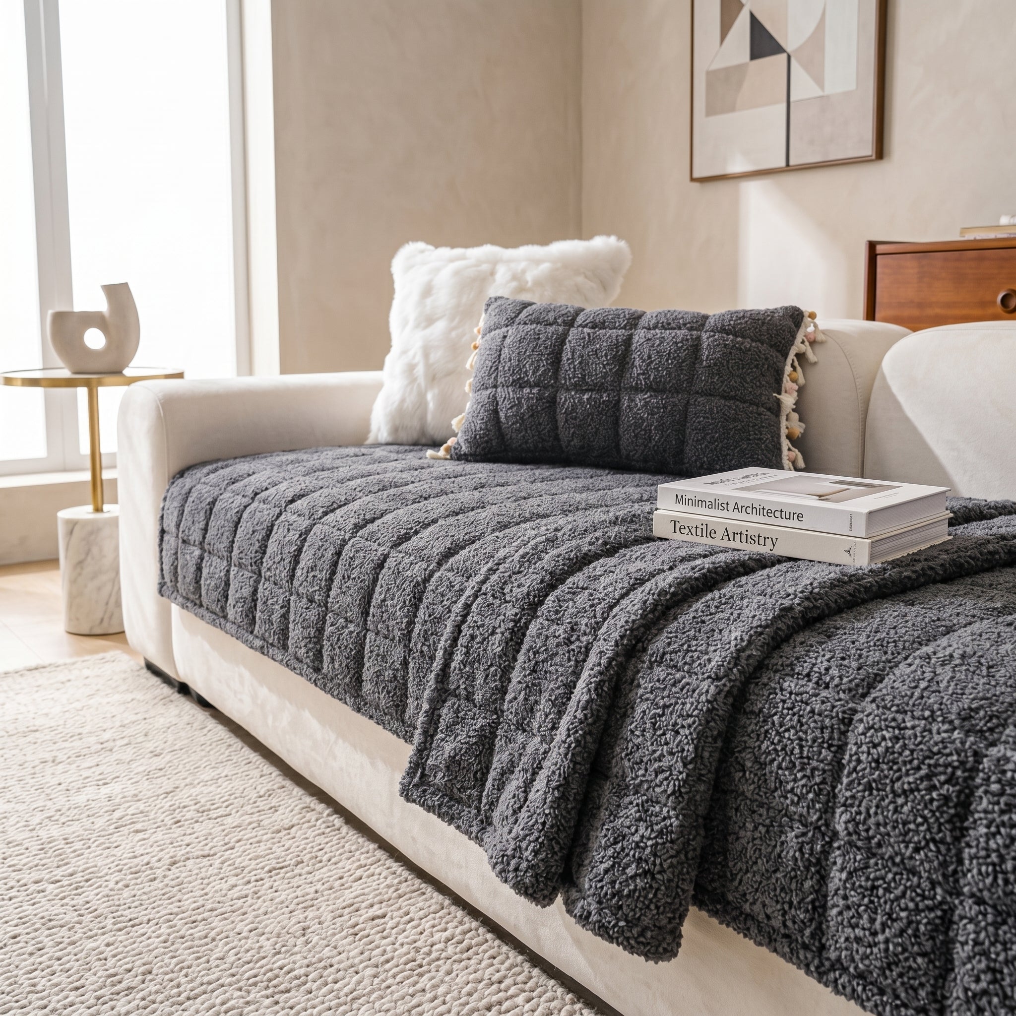Deep charcoal boucle sofa cover on an elegant sofa in a modern living room