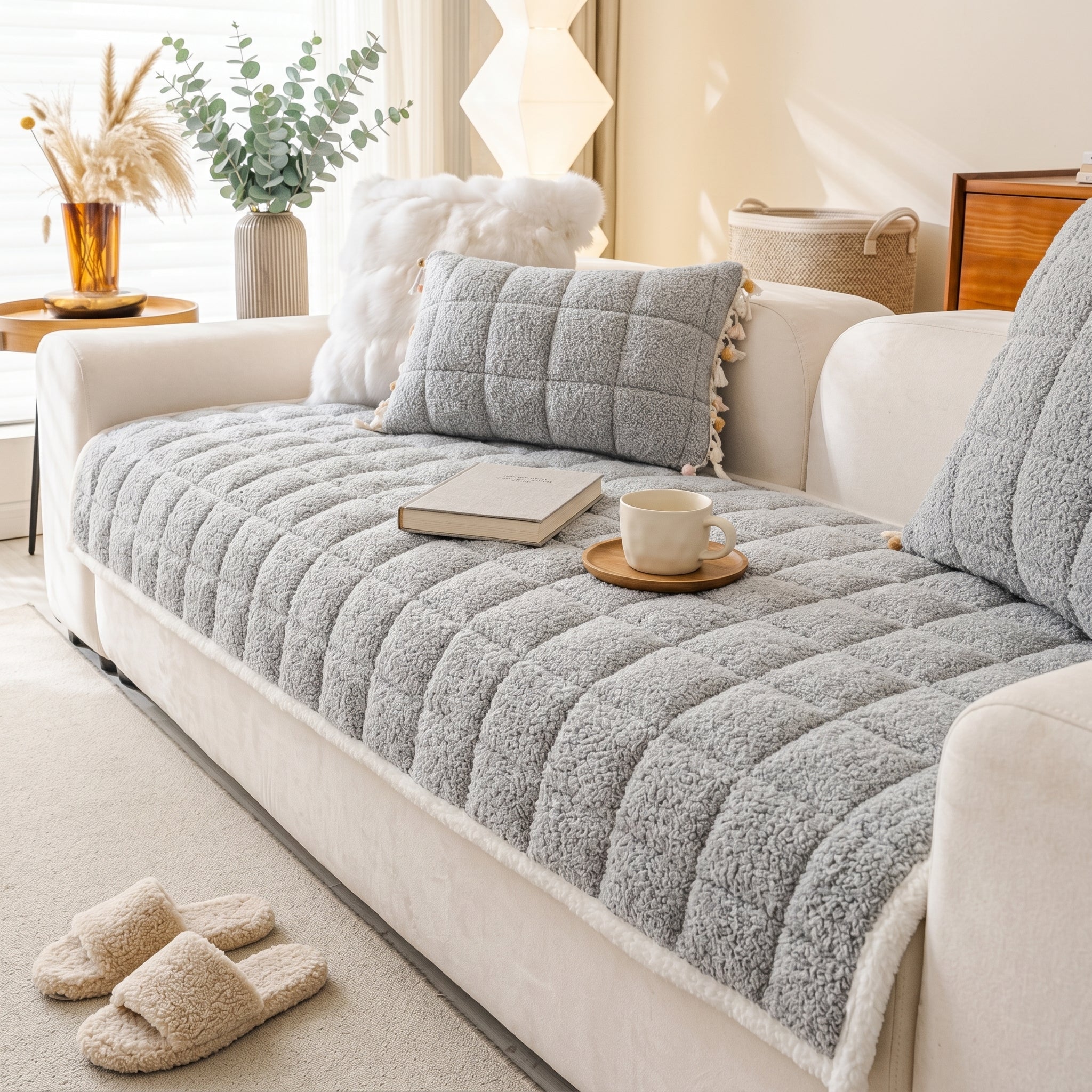 Soft silver boucle sofa cover on a white sofa in a serene living room