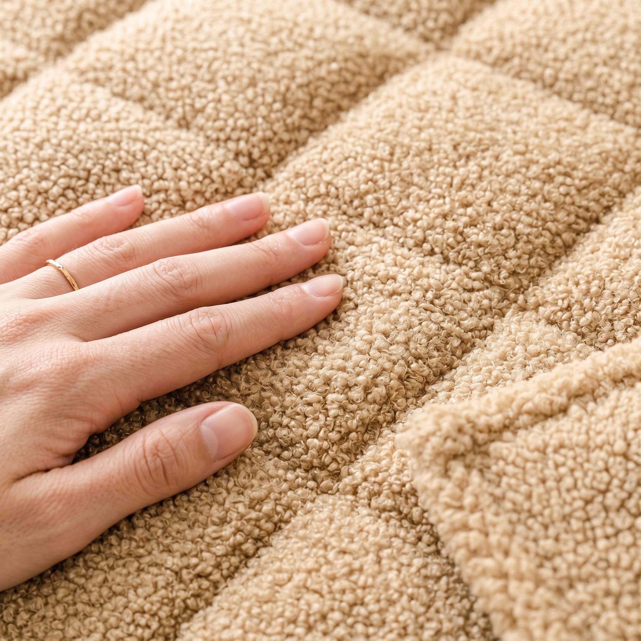 Close-up of plush square-quilted boucle texture with hand resting on it