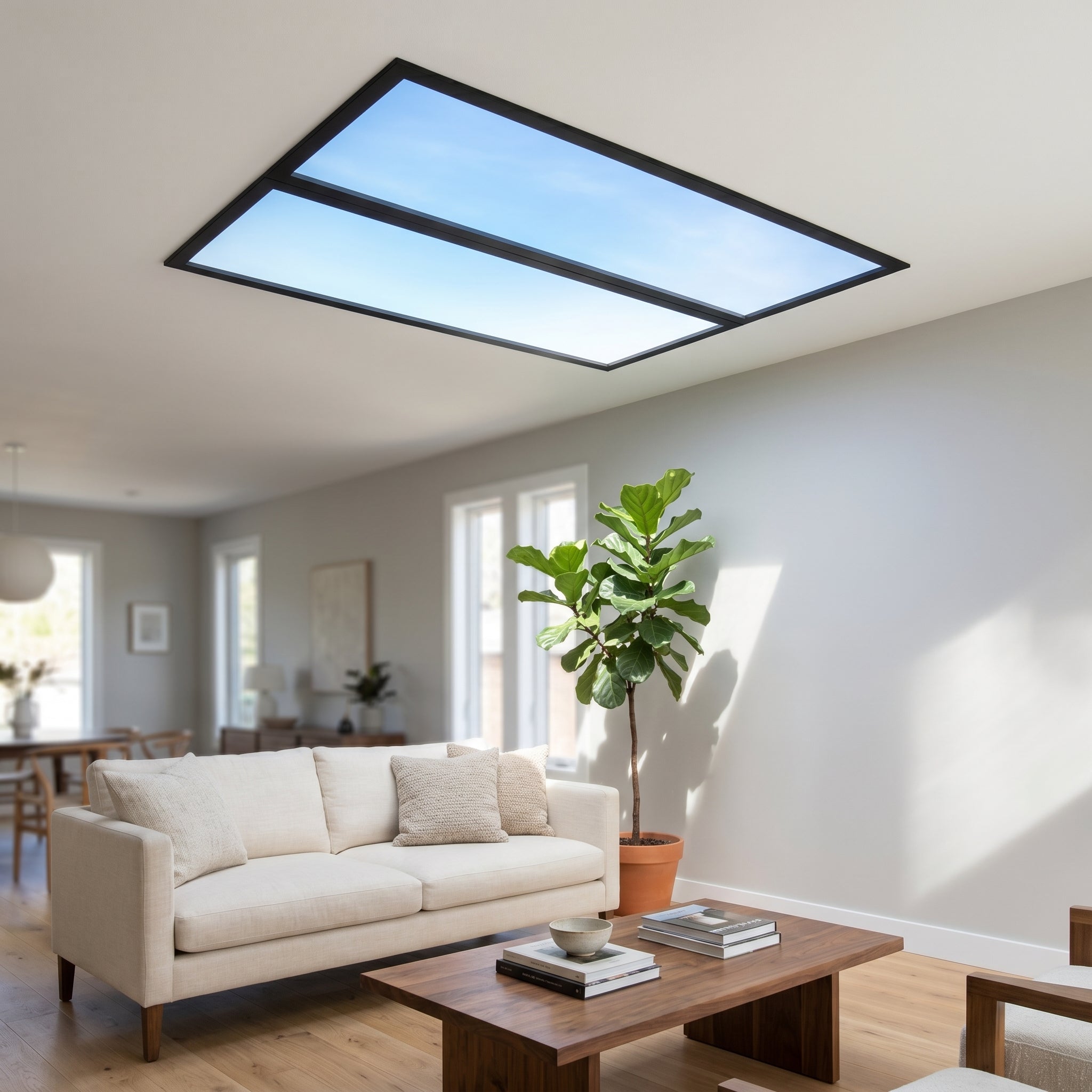 Cielo blue sky LED panel on a living room ceiling like a skylight
