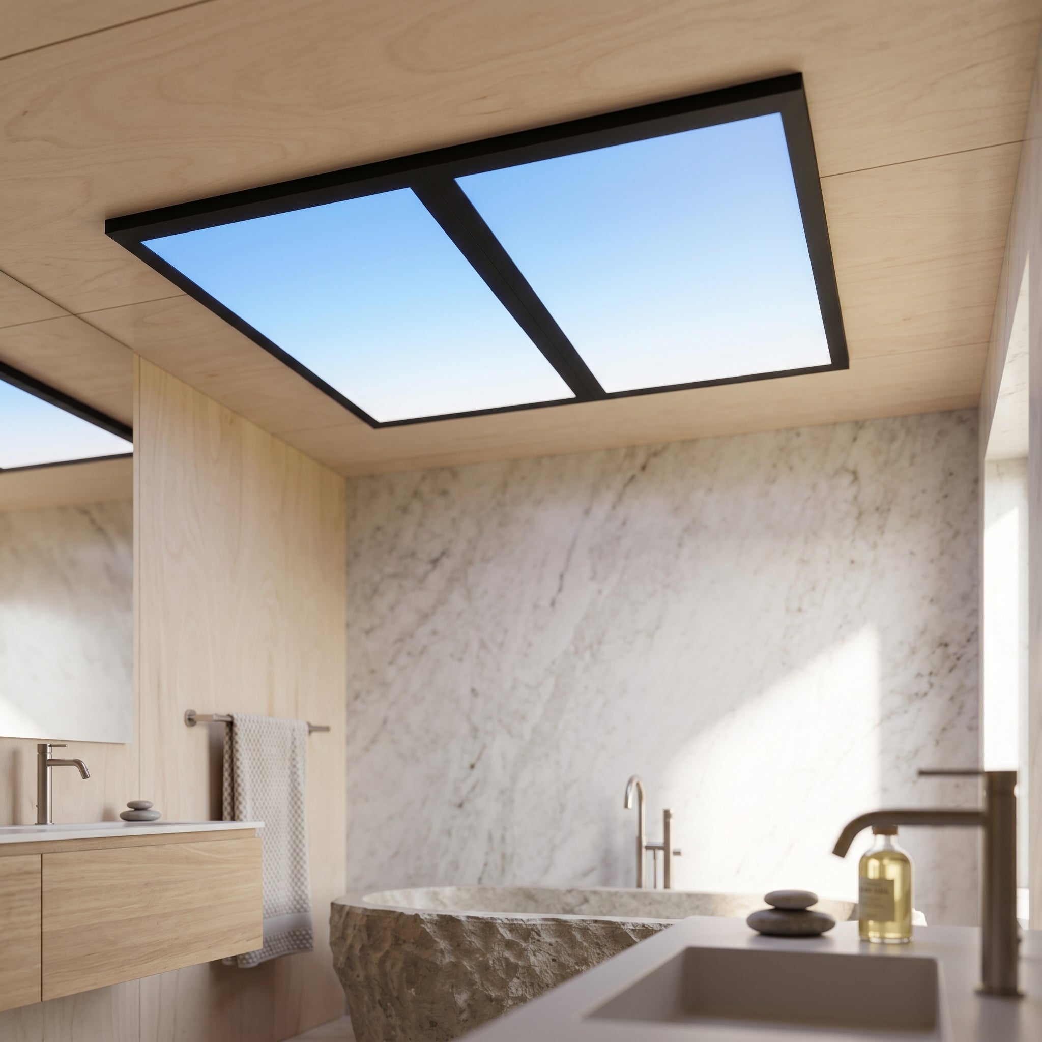 Blue sky LED ceiling panel in a luxury spa bathroom