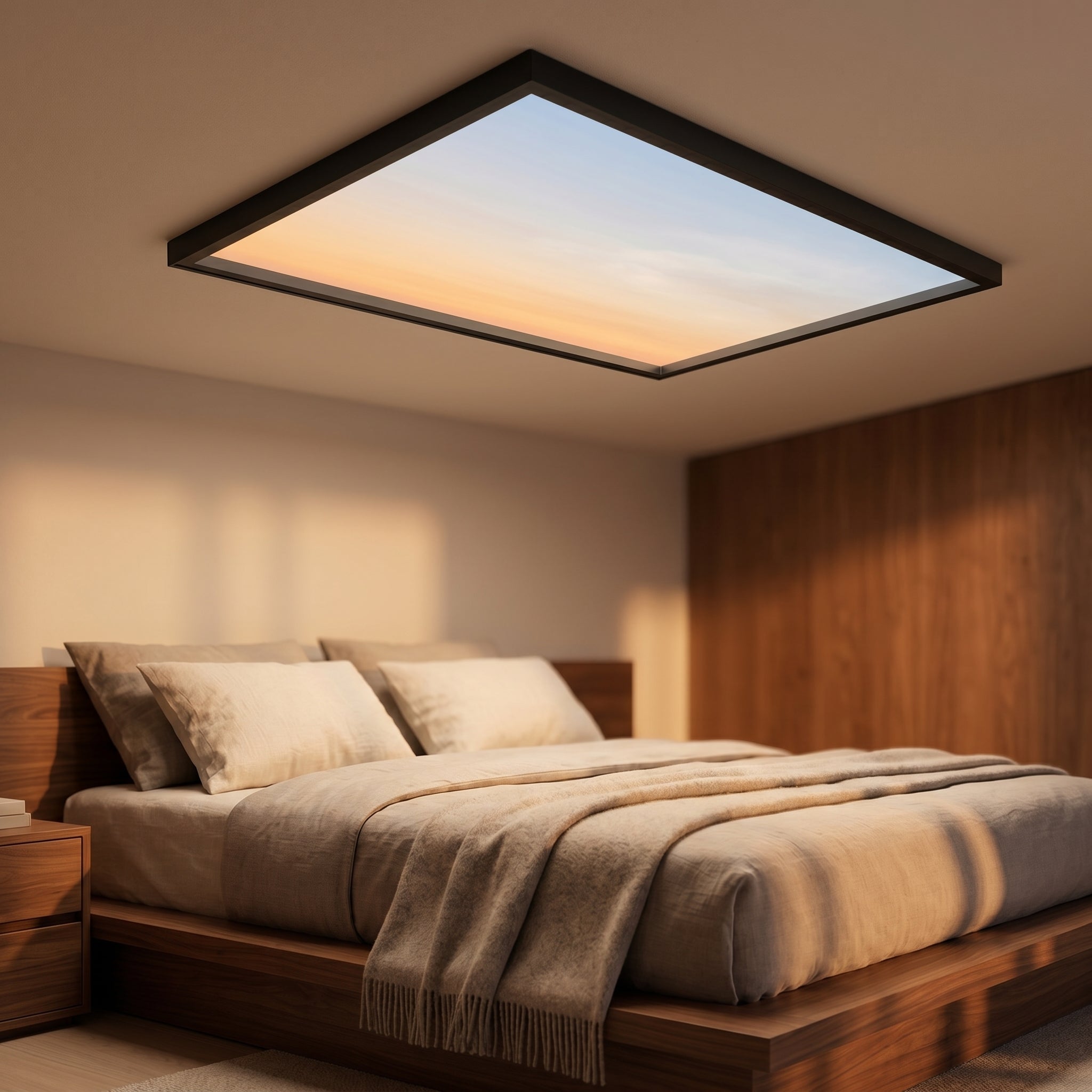 All-weather simulation showing a warm dusk sky in a calm bedroom