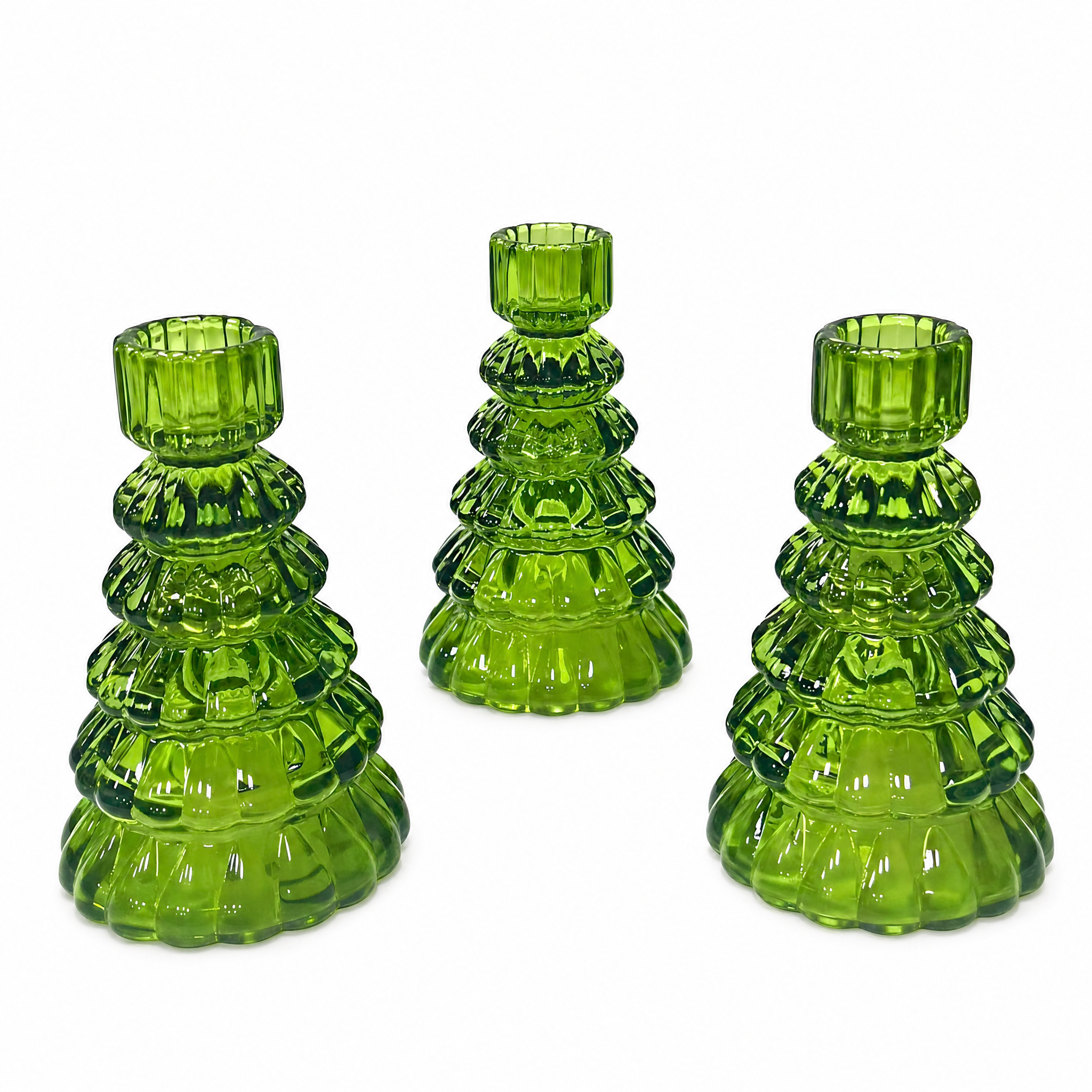 Abete set of three green glass Christmas tree candle holders on white