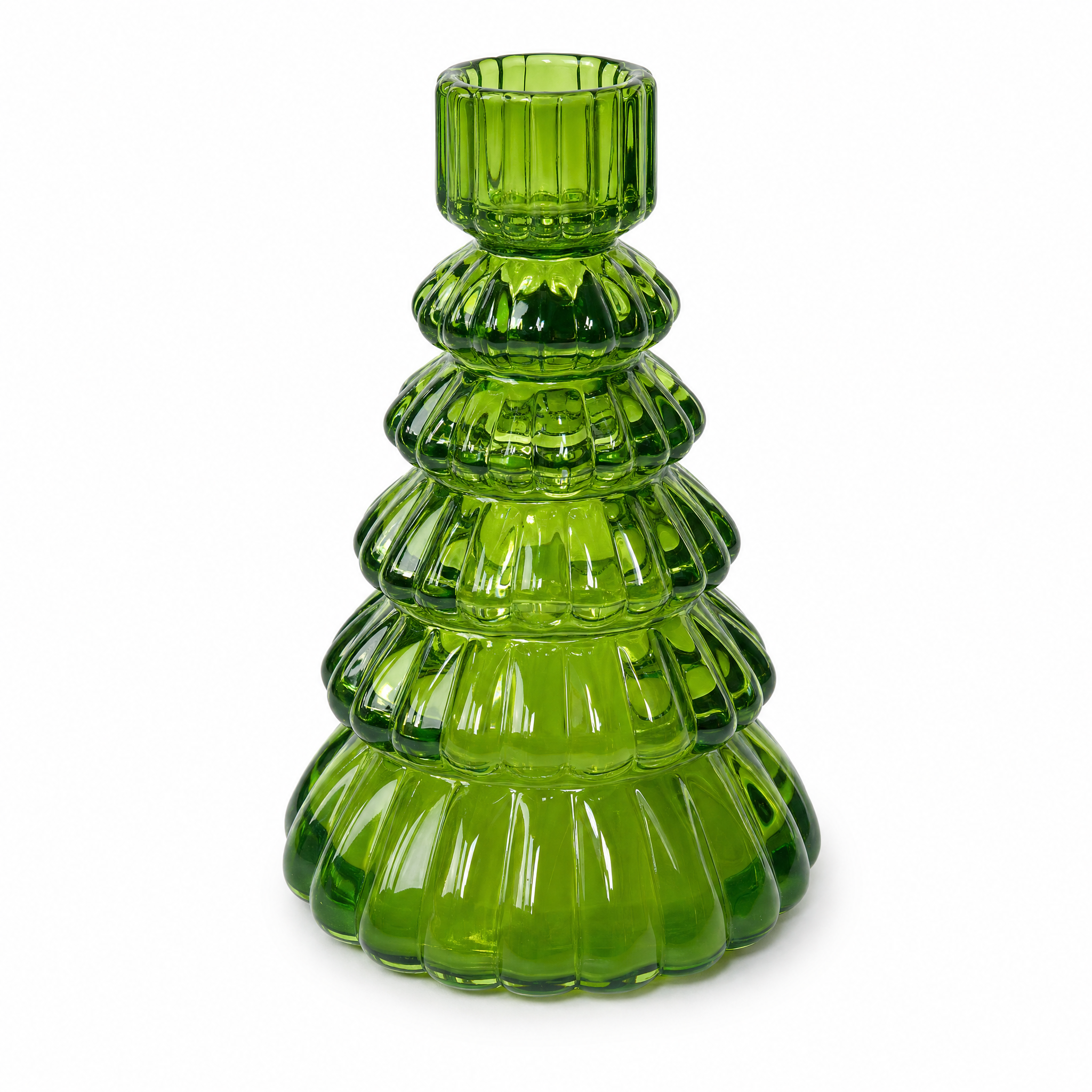 Single green glass Christmas tree candle holder detail on white