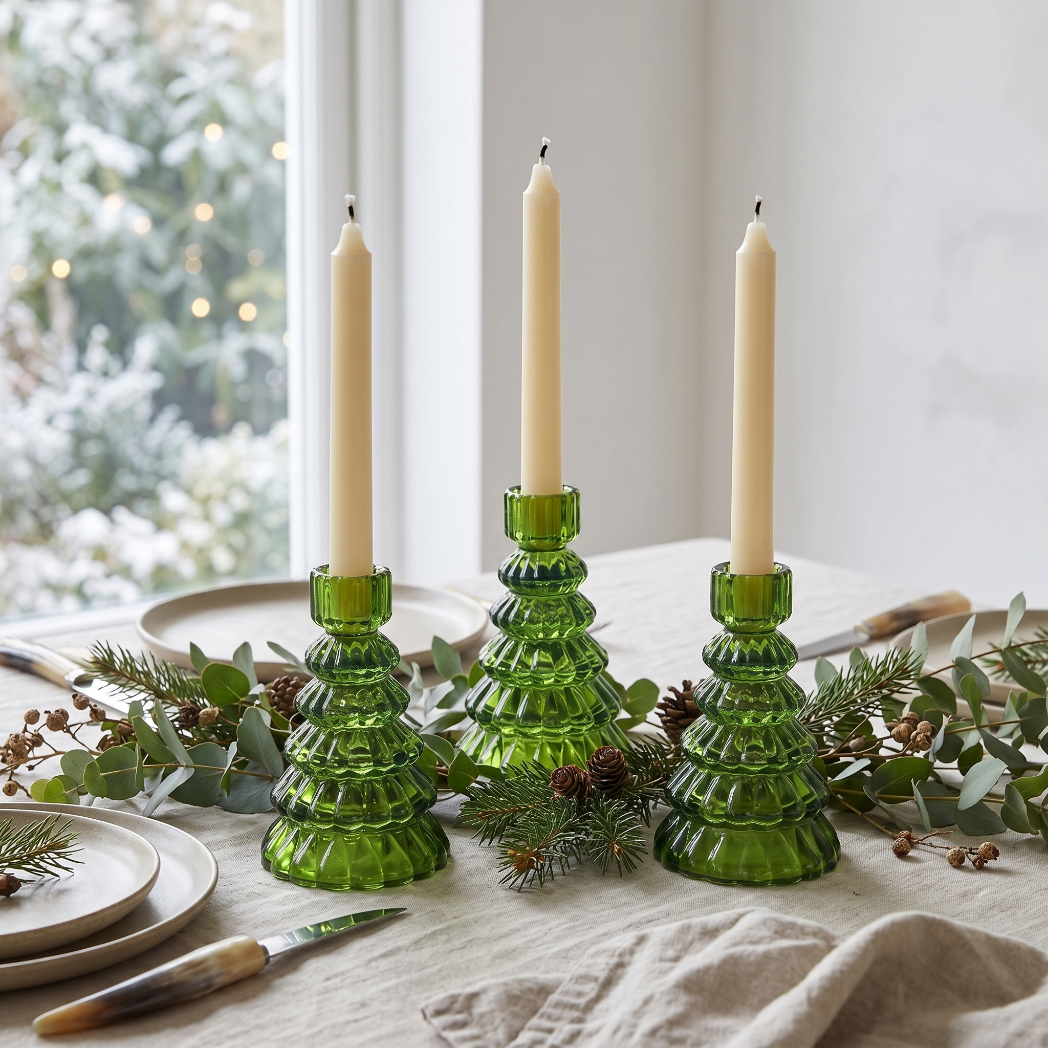 Abete green glass tree candle holders as a festive dining centerpiece