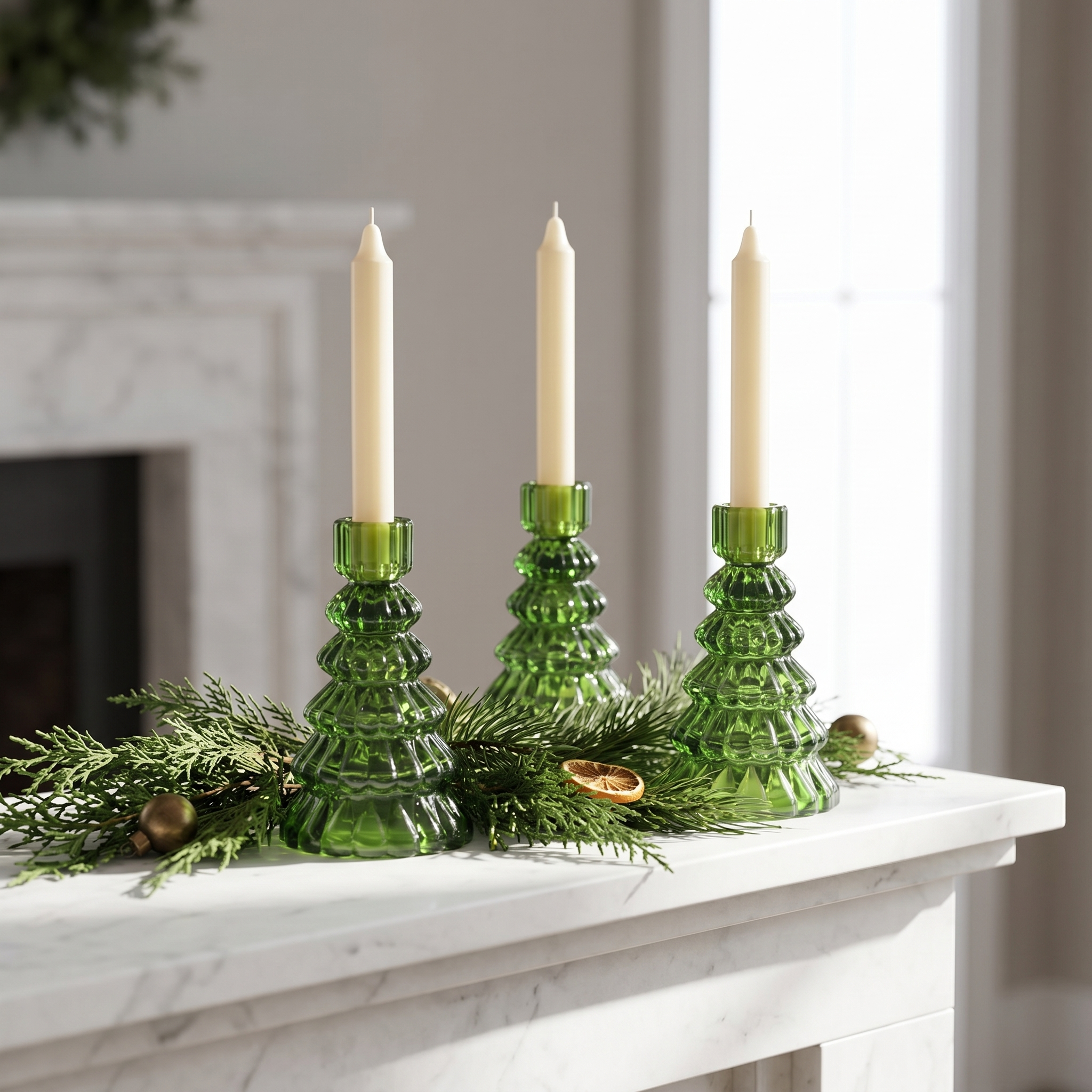 Green glass tree candle holders styled on a white mantel with garland