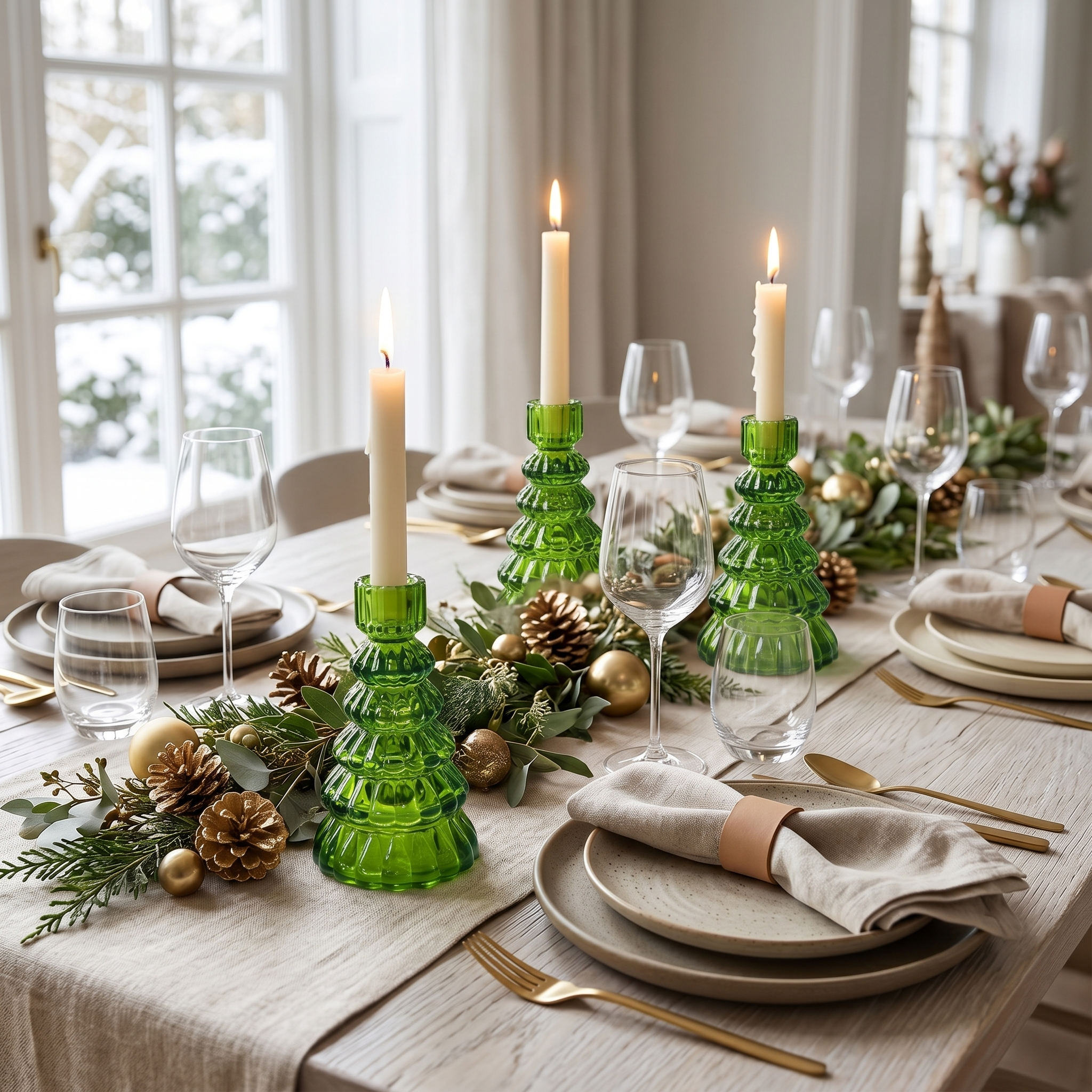 Green glass tree candle holders on a festive holiday dining tablescape