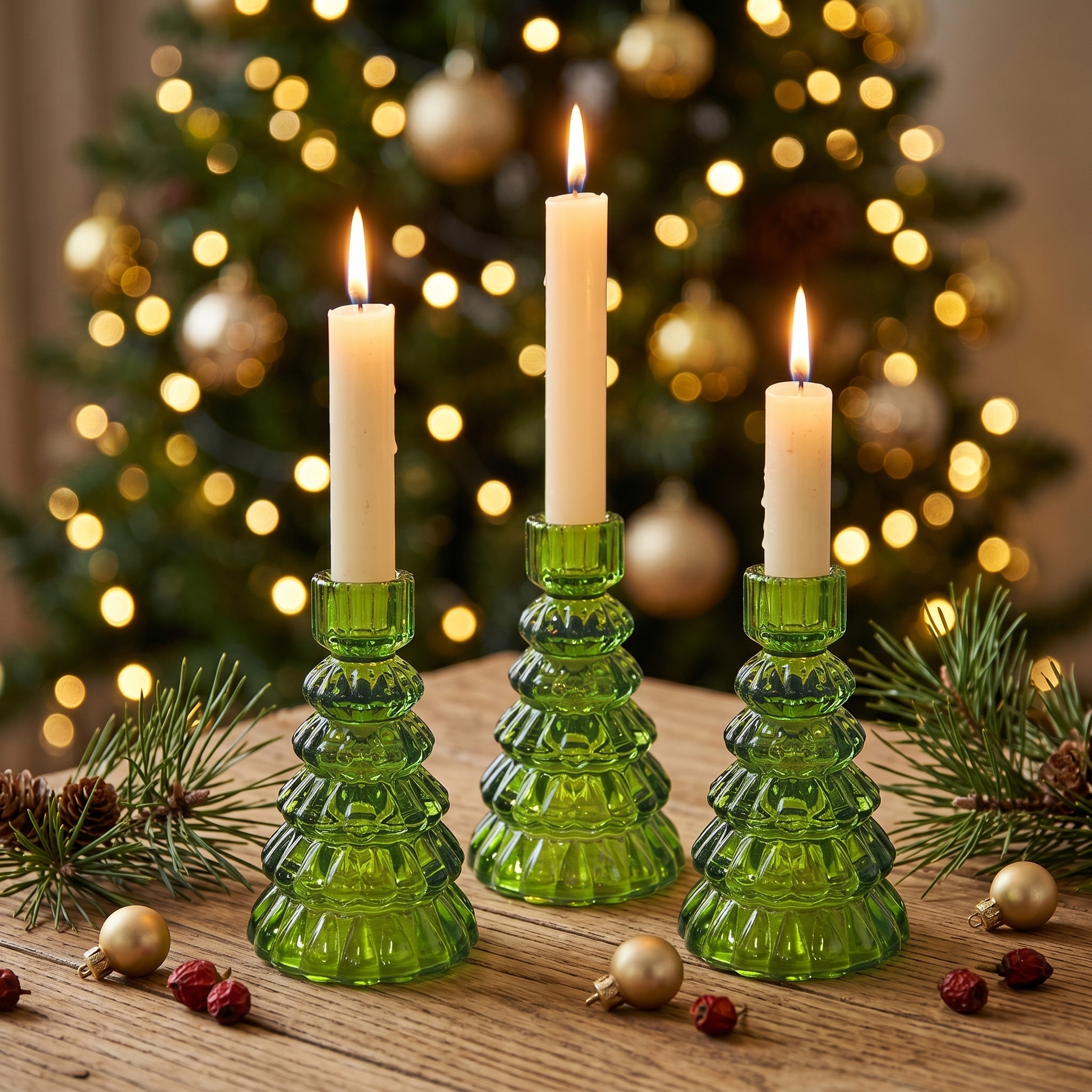 Green glass tree candle holders with lit cream tapers in a cozy festive setting