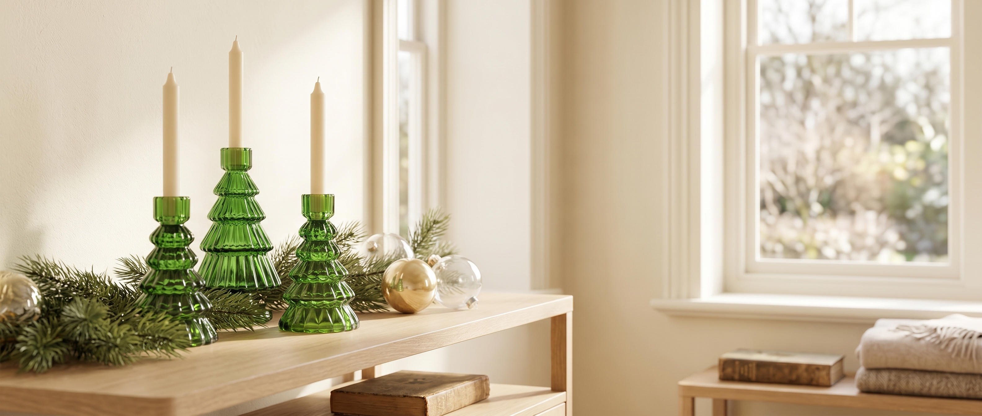 Abete green glass tree candle holder set banner
