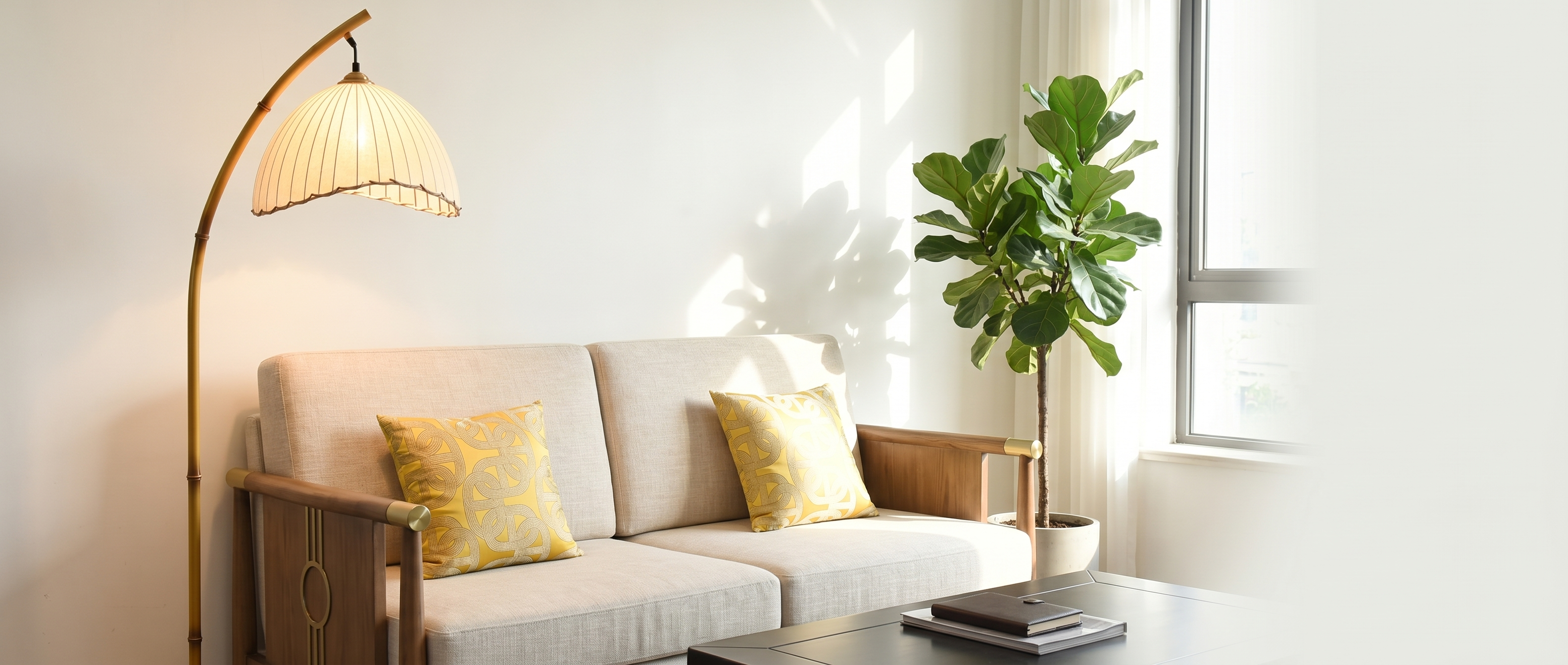 Loto bamboo arc floor lamp banner