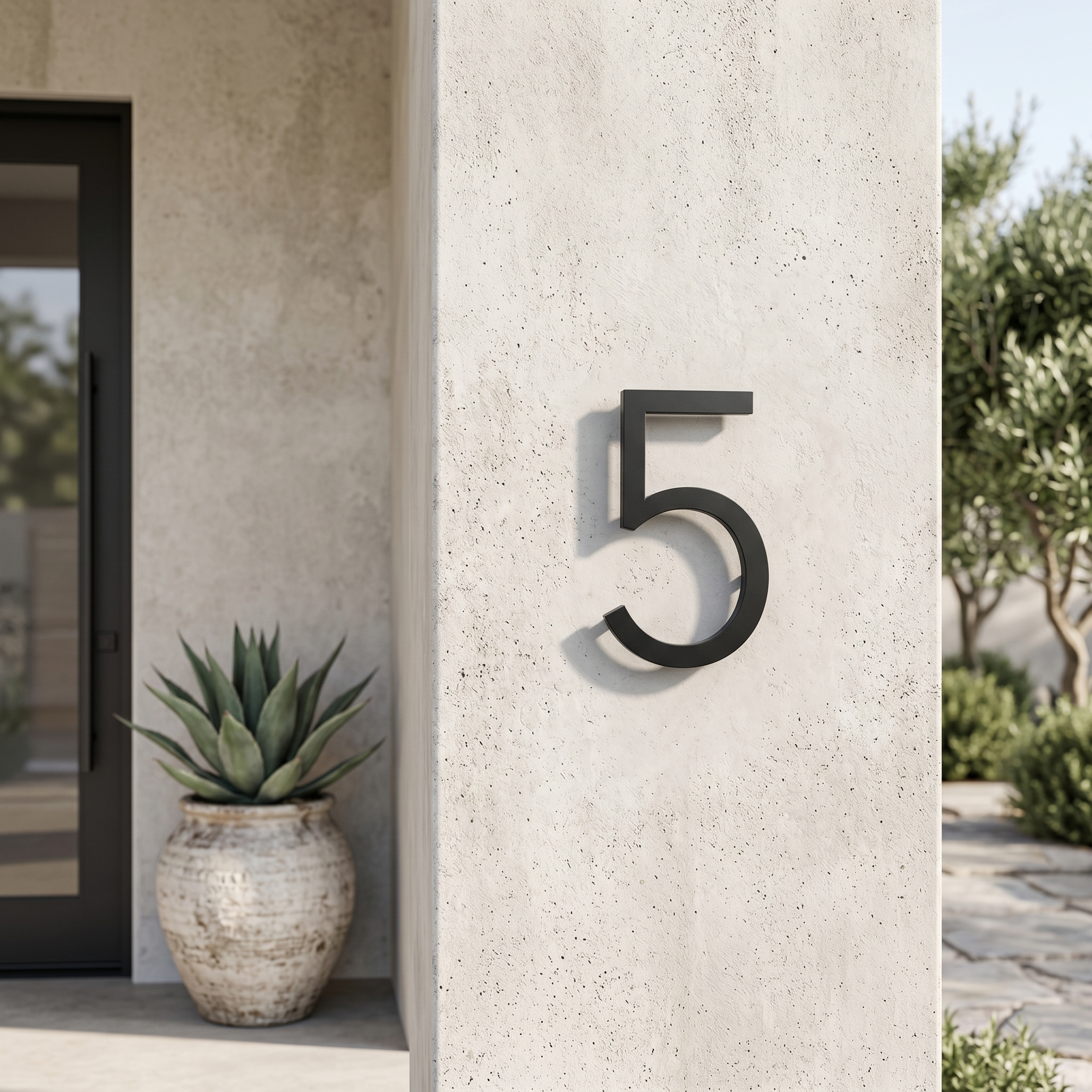 Single matte-black house number 5 on a limewash concrete wall
