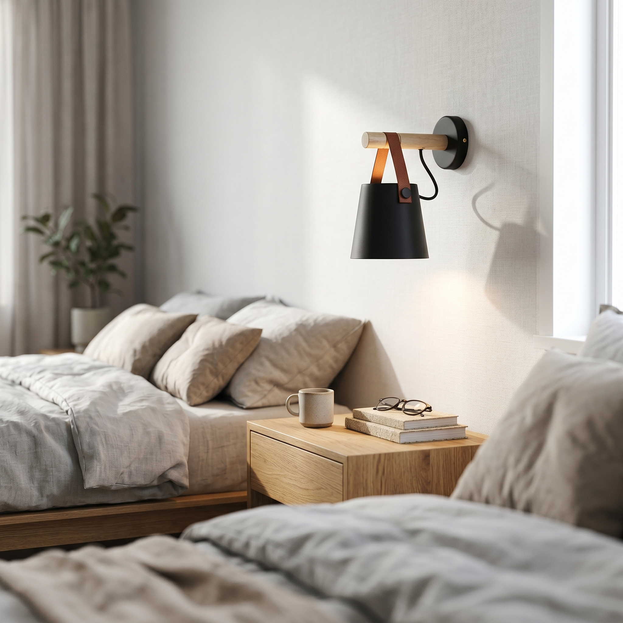 Sella black wall sconce mounted above a nightstand in a bright bedroom