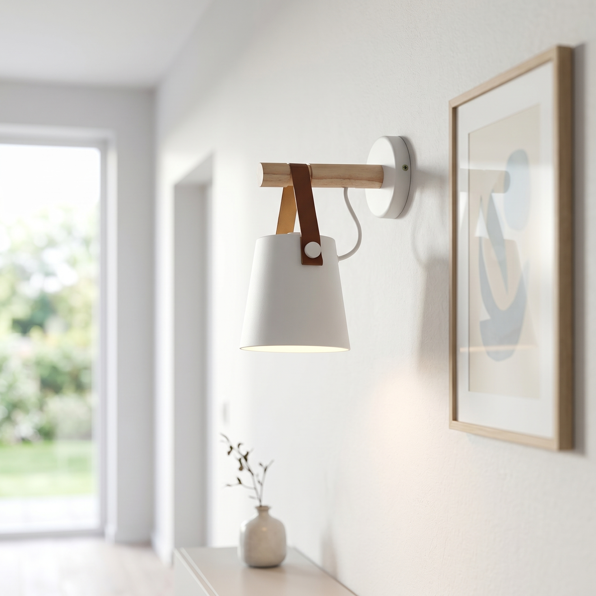Sella white wall sconce on a bright hallway wall