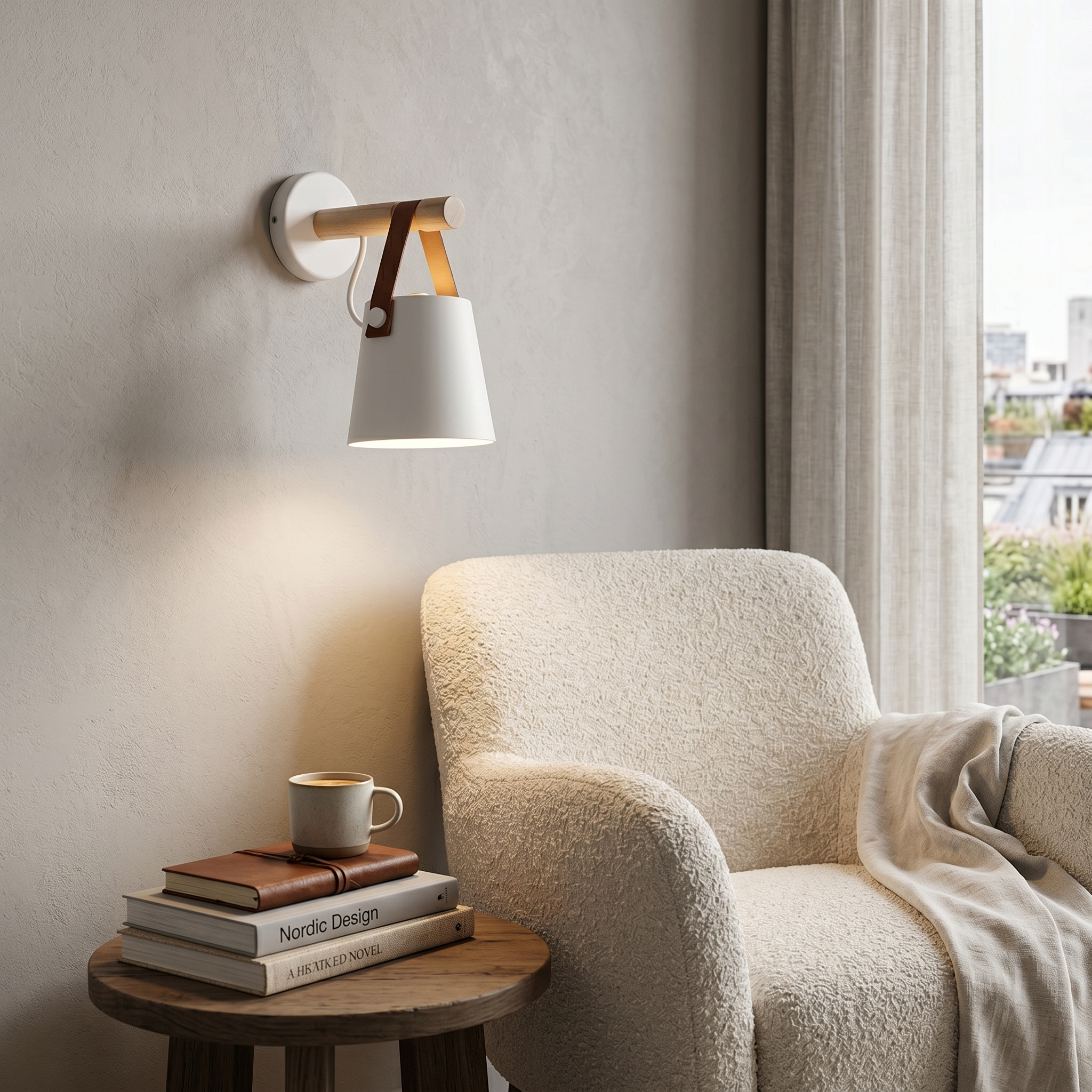 Sella white wall sconce by a reading armchair