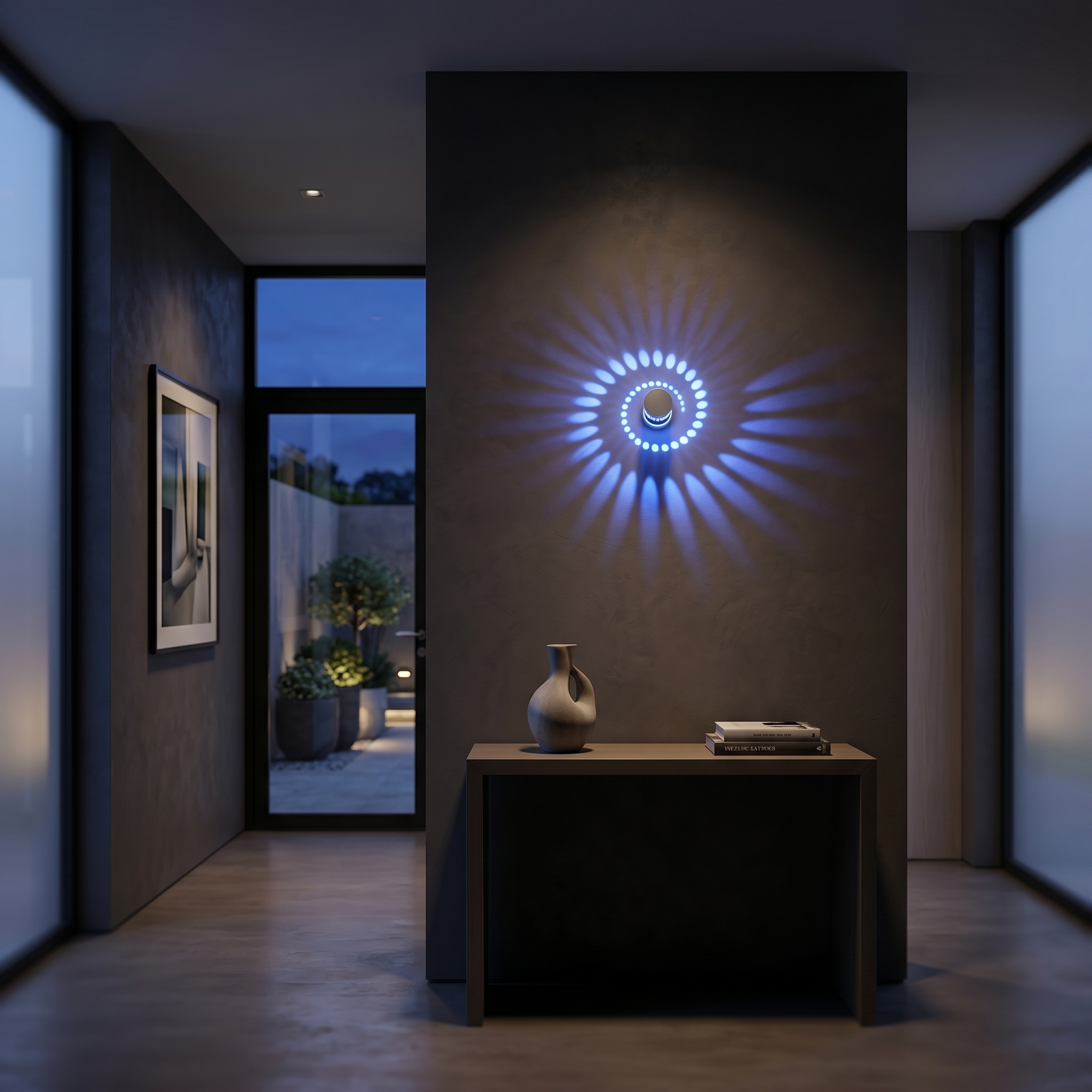 Spirale swirl LED light glowing blue in a modern entryway