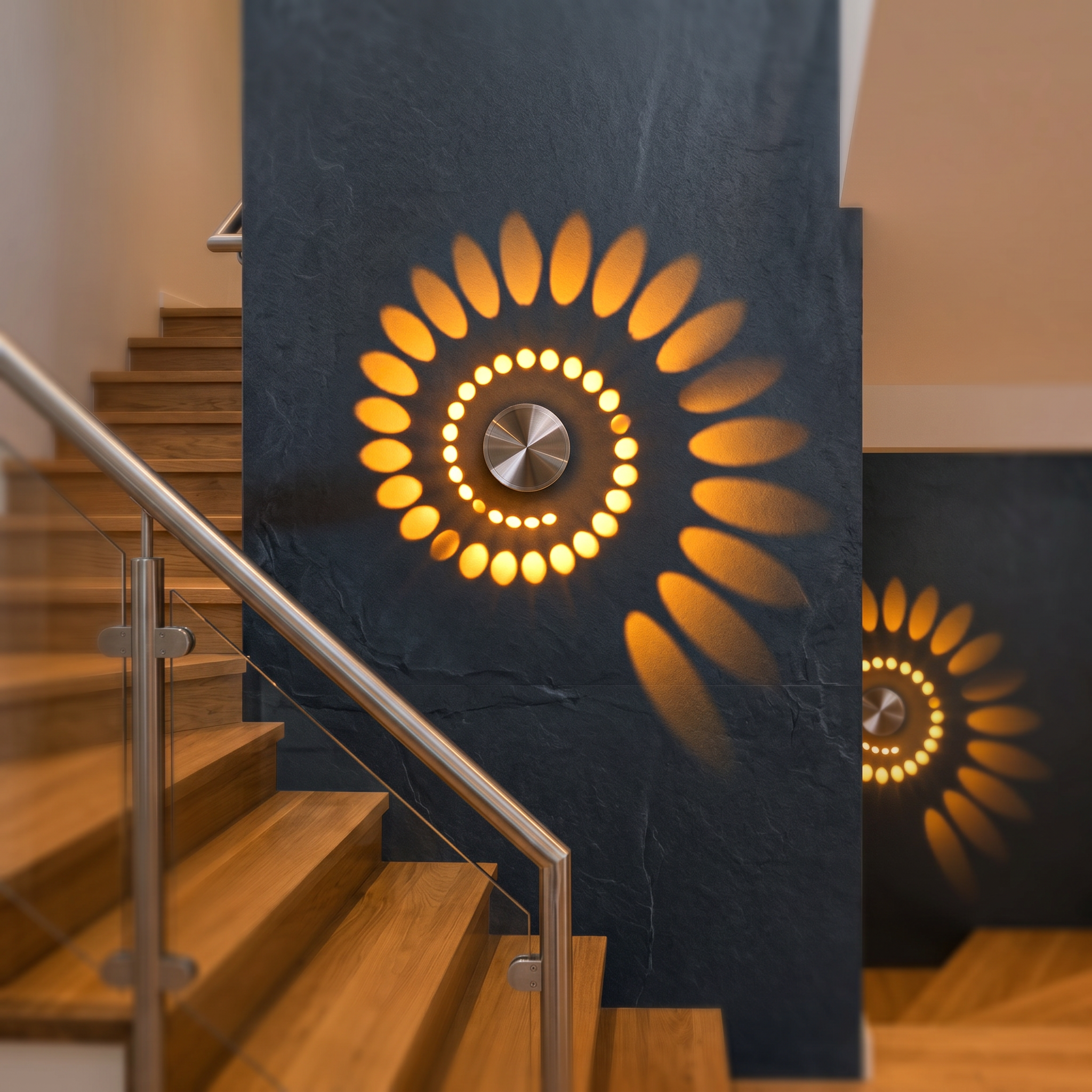 Two amber swirl LED lights on a dark stone staircase wall