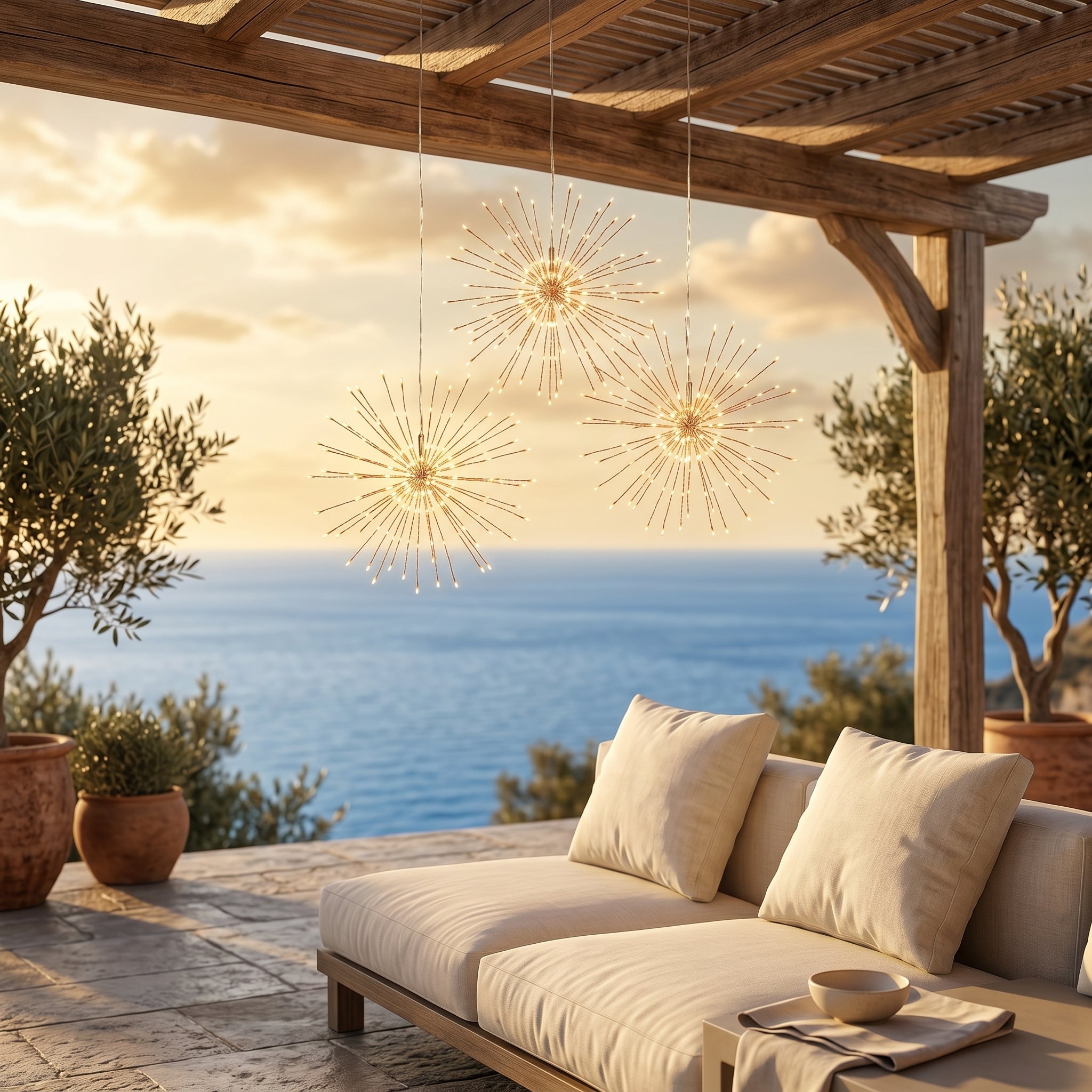 Scintilla starburst lights glowing on a terrace at dusk
