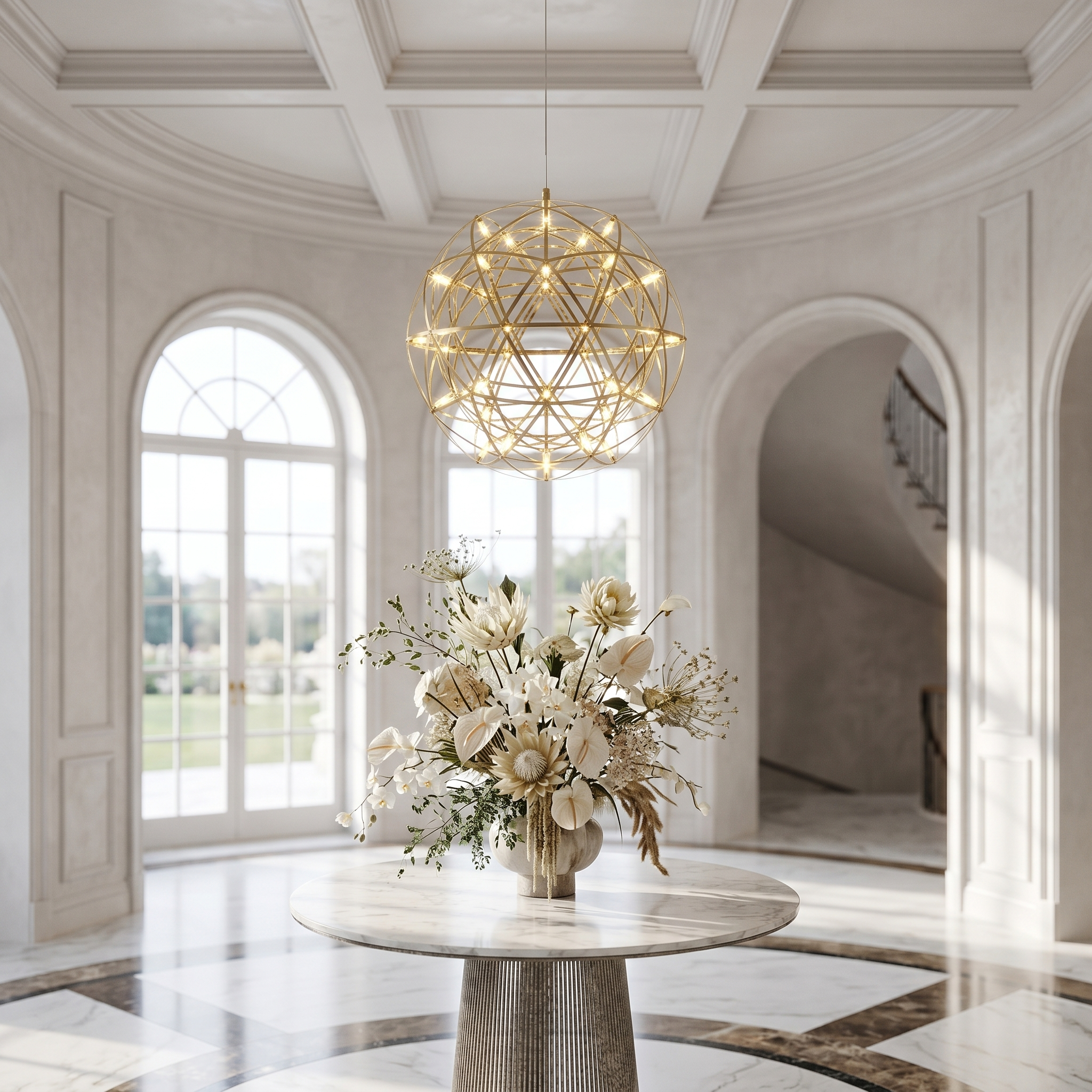Costellazione gold sphere chandelier in a foyer