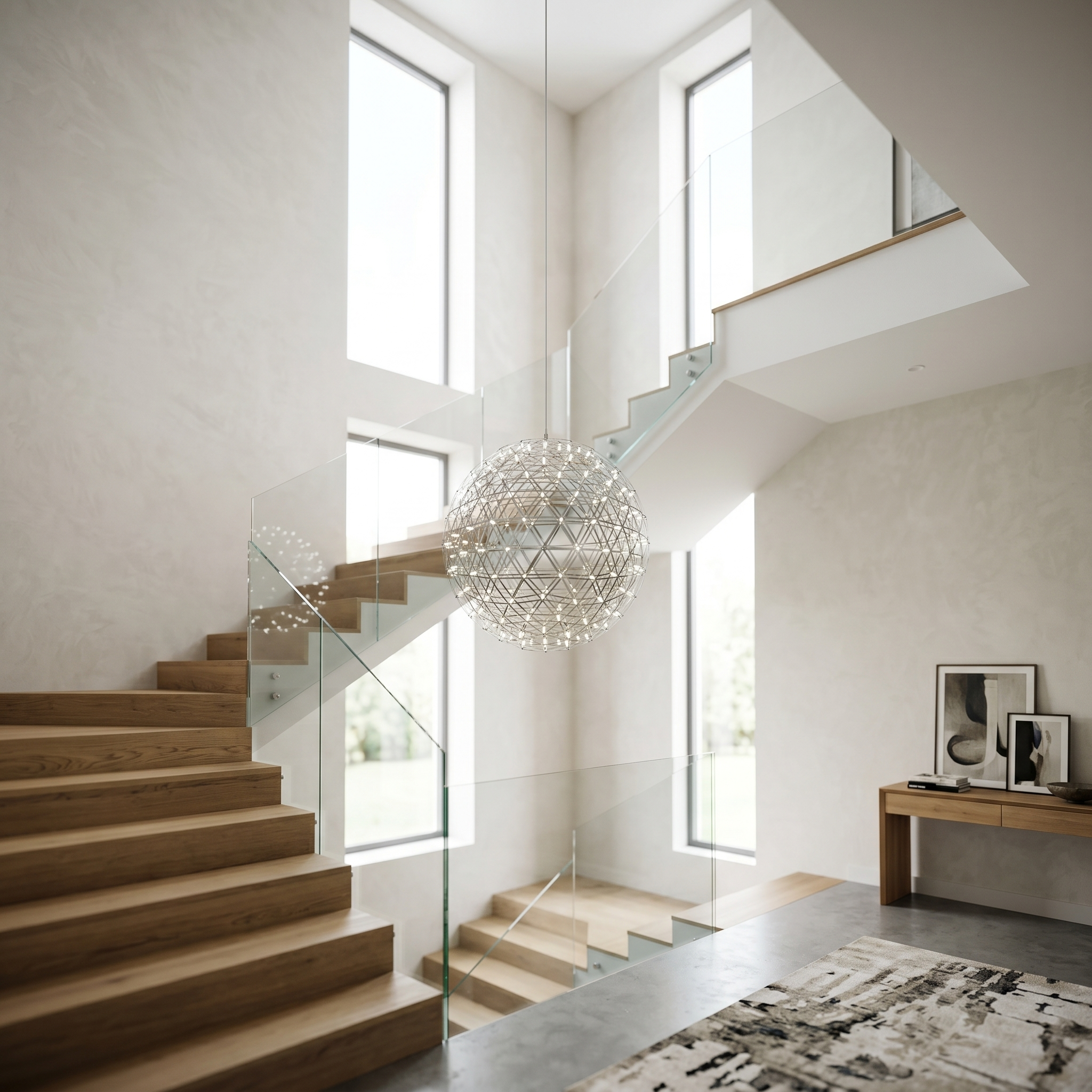Costellazione chrome sphere chandelier in a stairwell