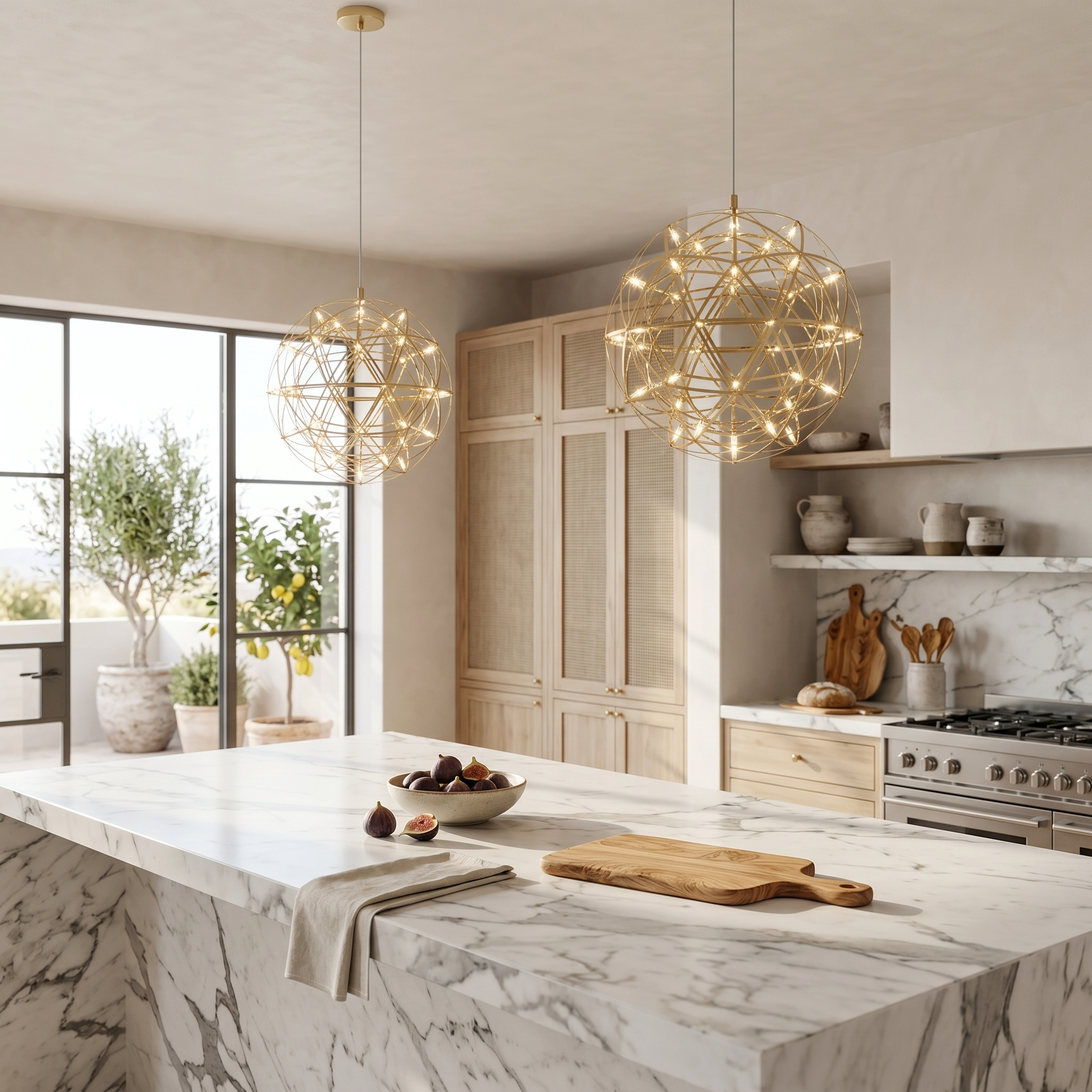 Costellazione gold sphere chandeliers over a kitchen island