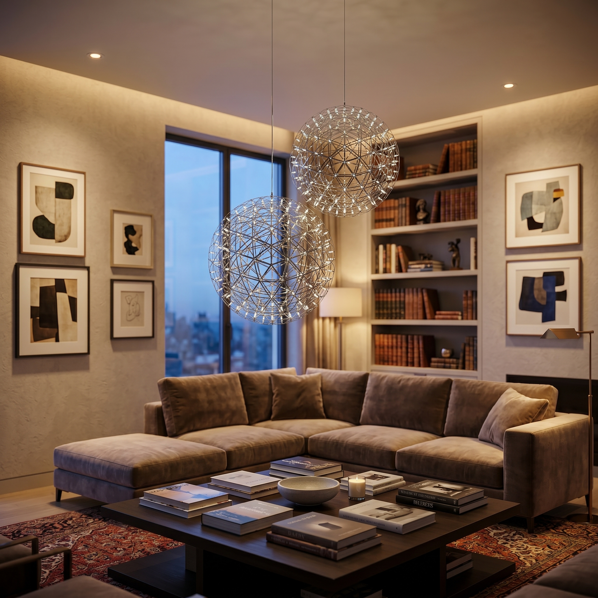Costellazione chrome sphere chandeliers in a living lounge