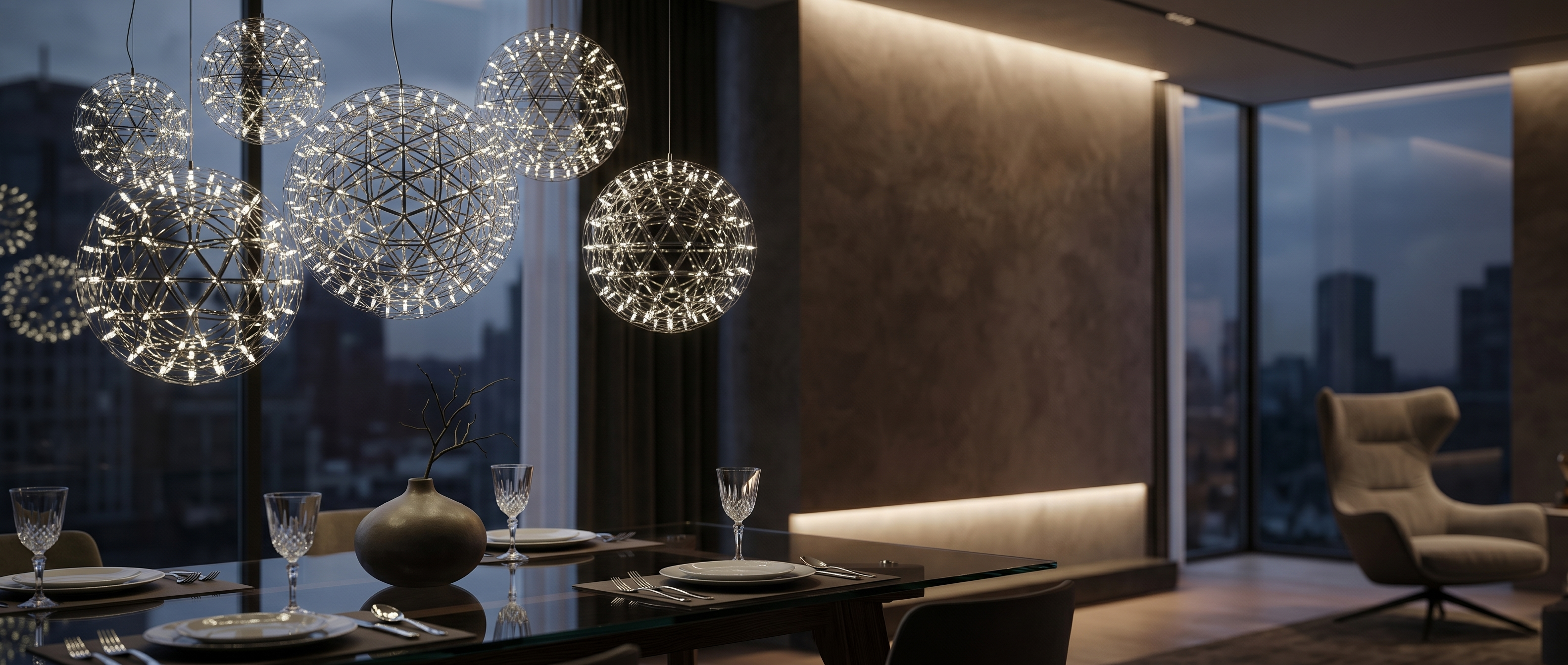 Costellazione chrome sphere chandeliers over a dusk dining scene