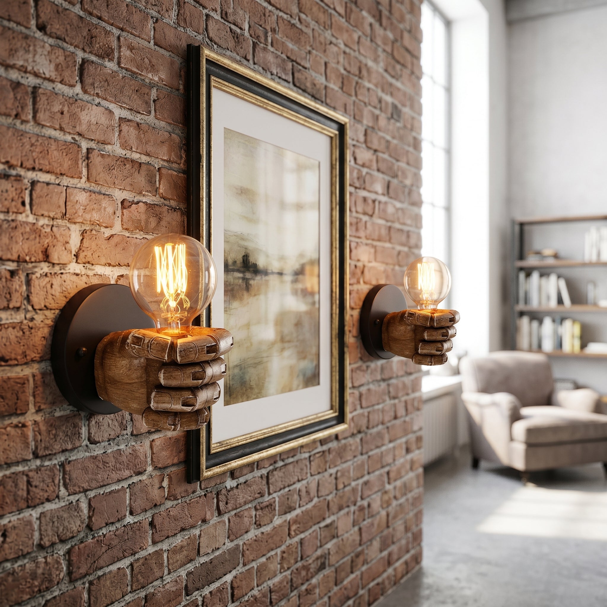 Pair of Mano fist wall sconces on an industrial brick wall