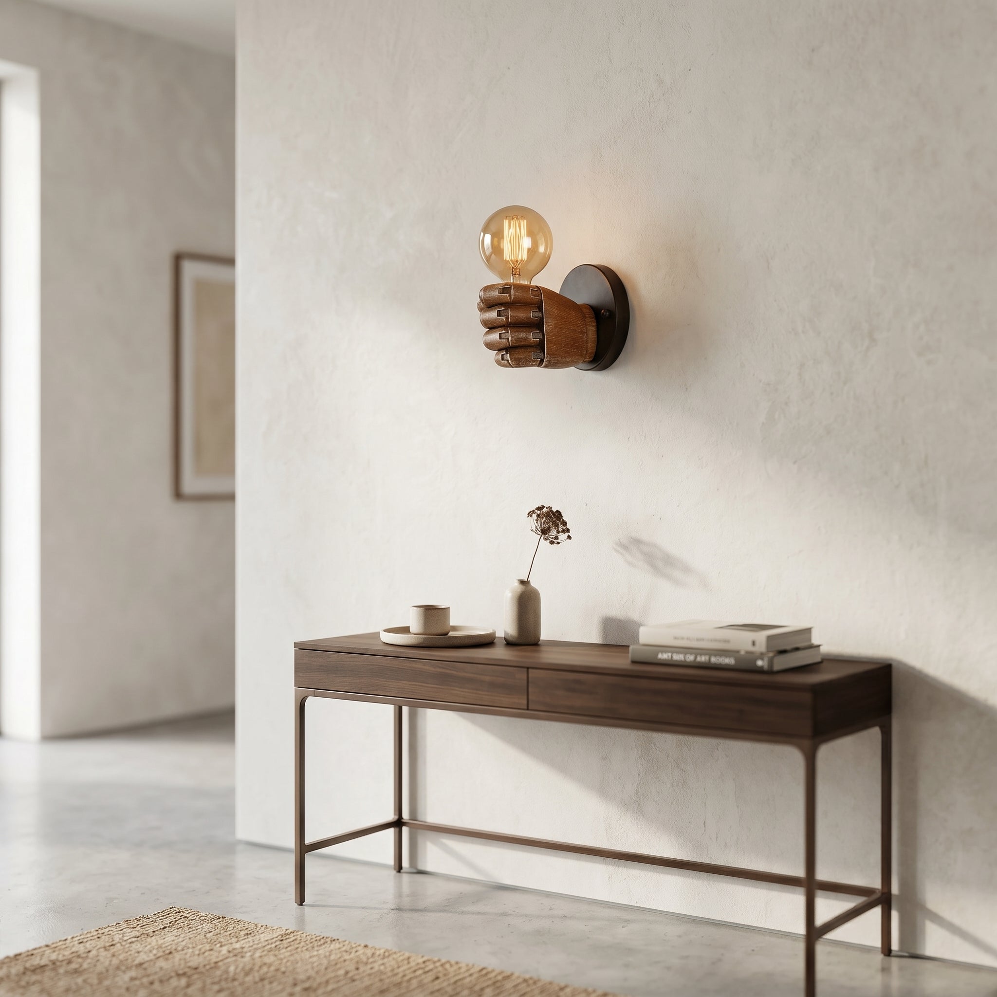 Mano fist wall sconce above an entryway console