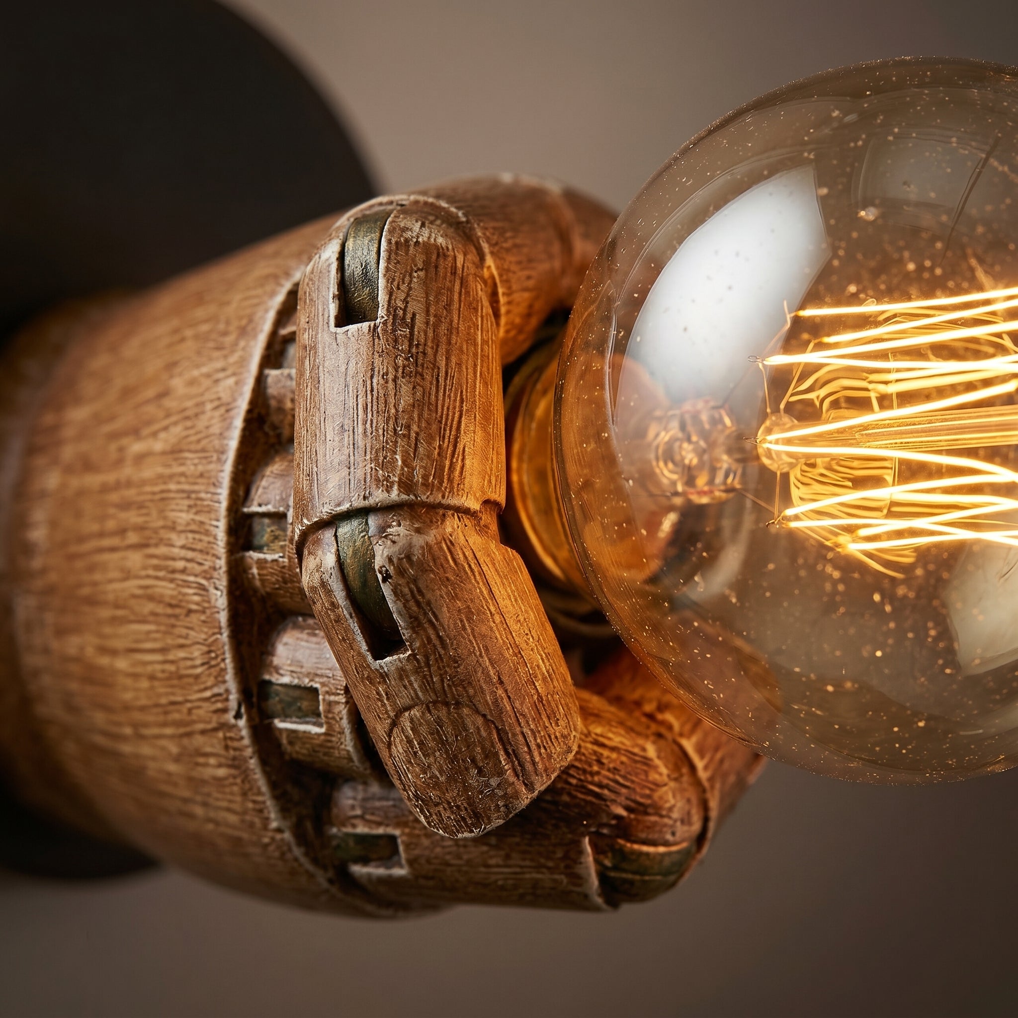 Mano fist wall sconce wood-grain and Edison filament detail