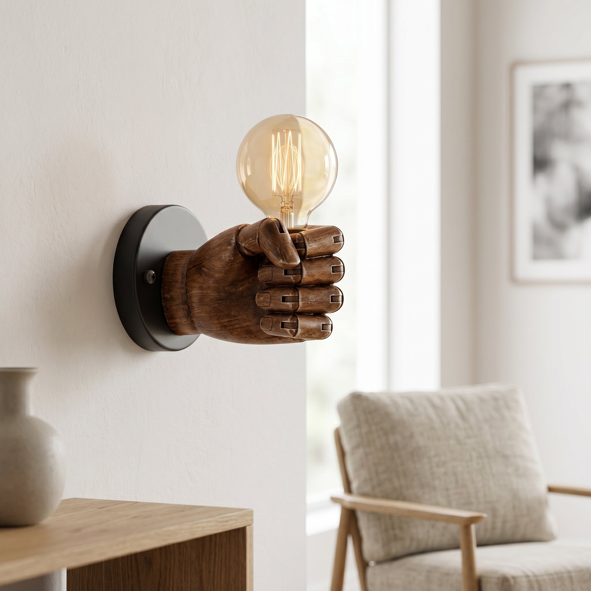 Mano fist wall sconce on a pale wall in daylight