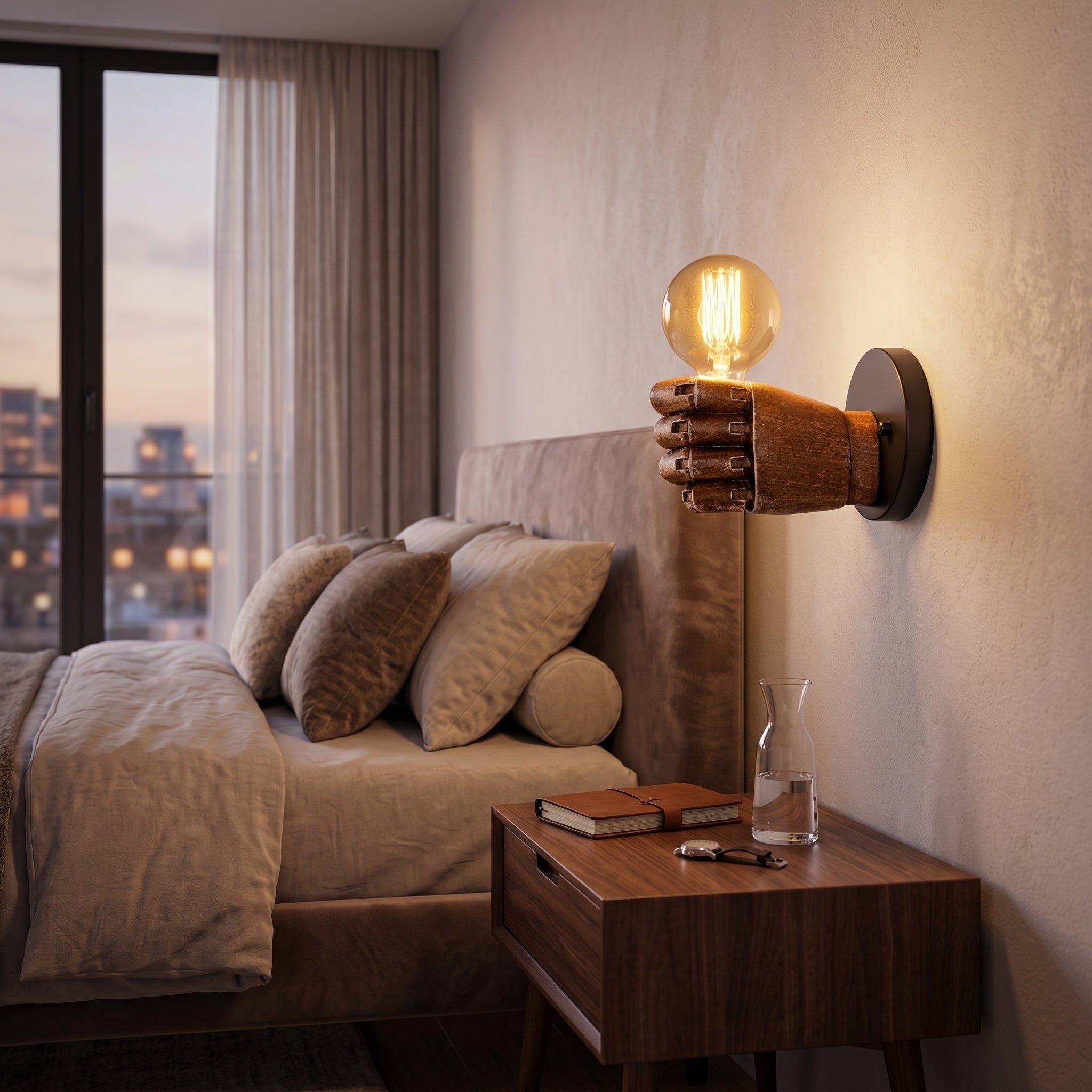 Mano fist wall sconce mounted above a bedside nightstand