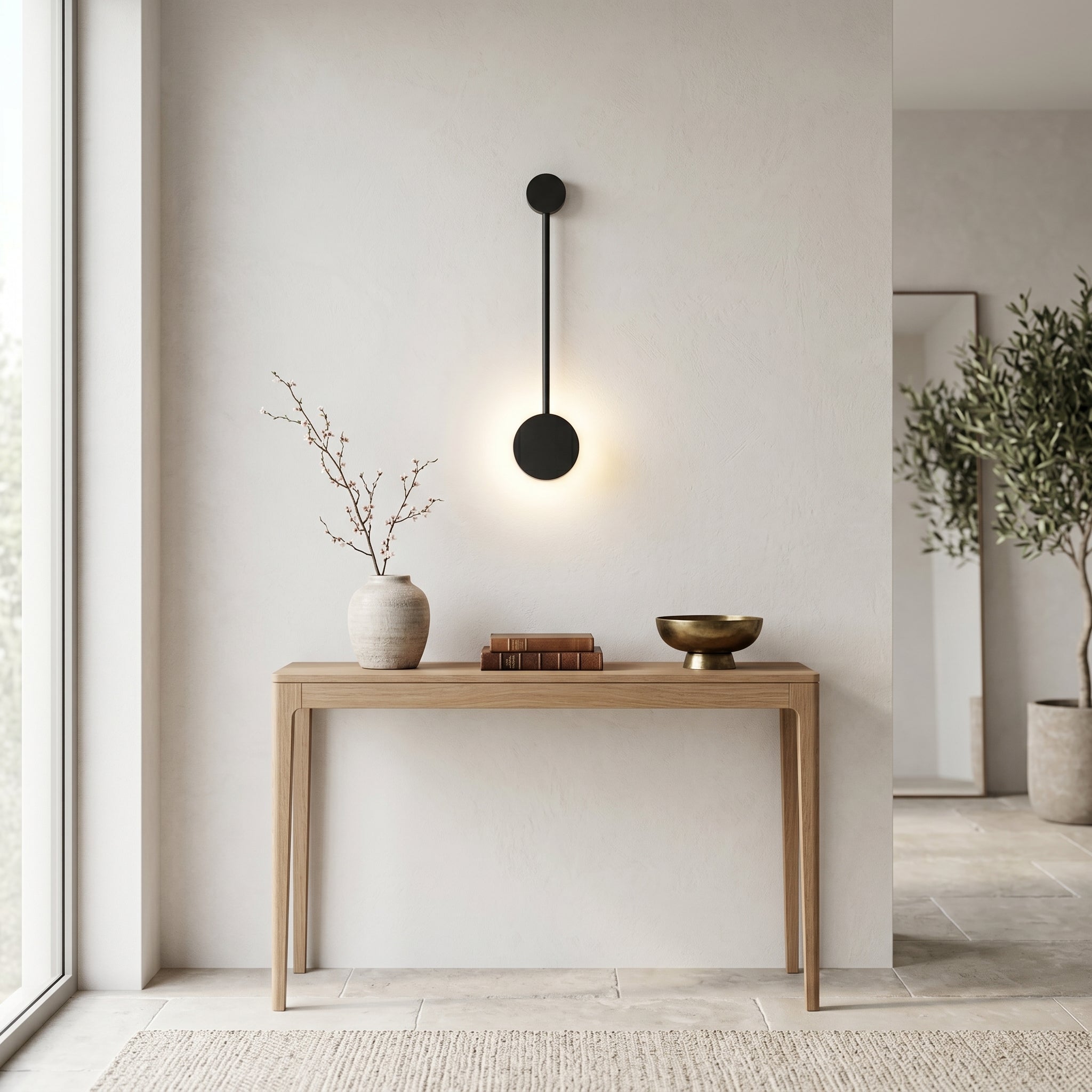 Riflesso single wall lamp above an entryway console, bouncing a round glow on the wall