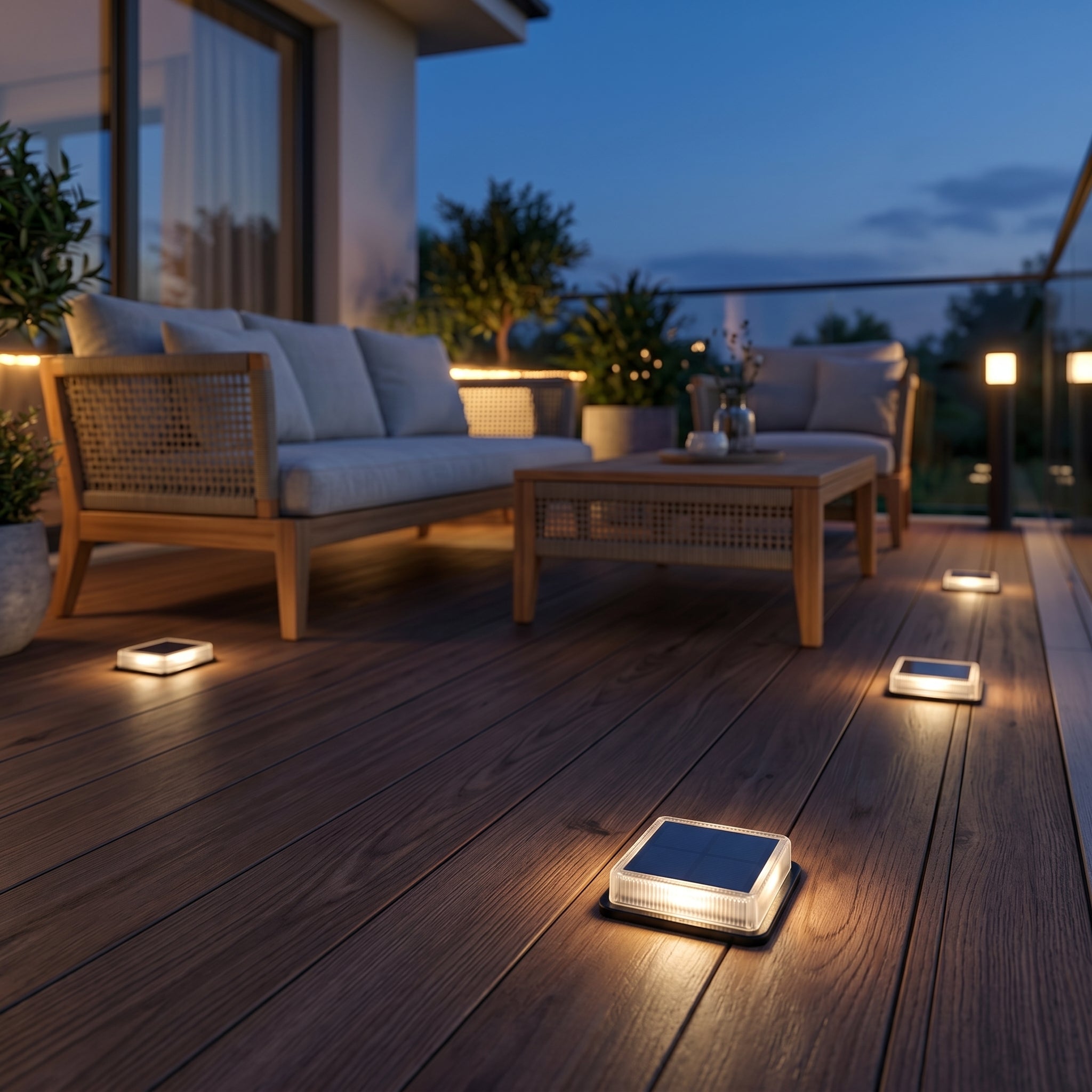 Lucciola solar ground lights in a wooden terrace lounge in the evening
