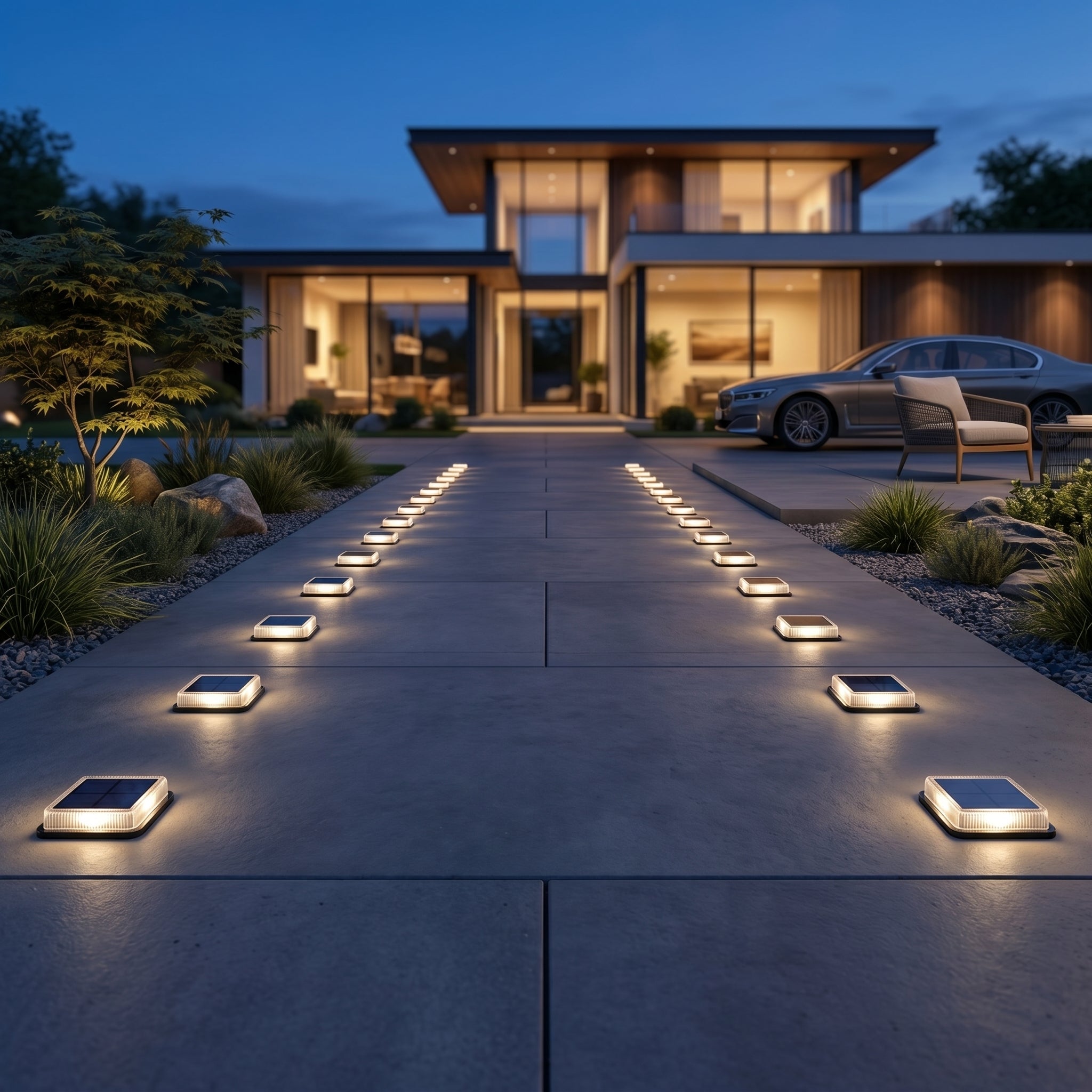Lucciola solar ground lights bordering a contemporary driveway at blue hour