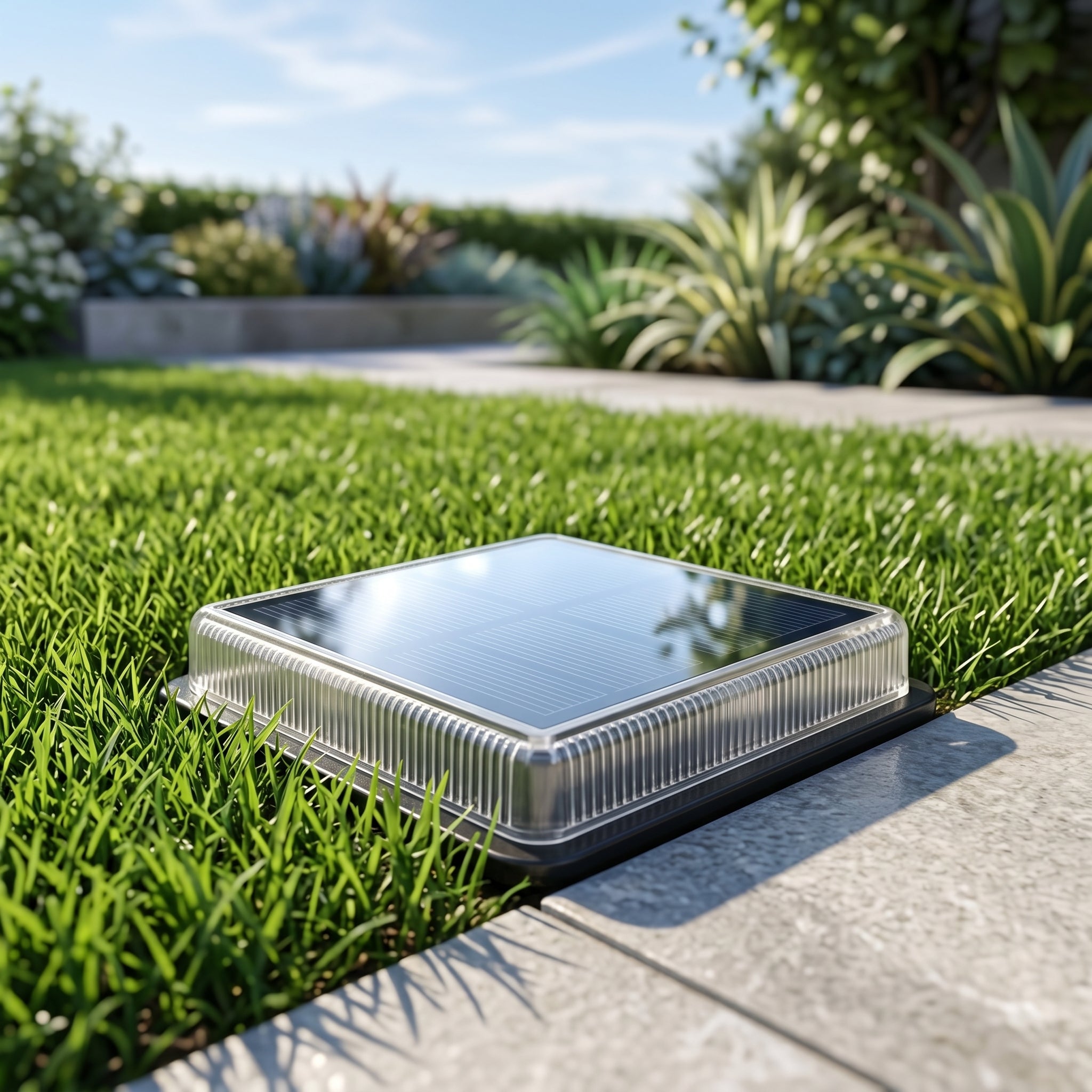 Lucciola solar ground light charging in a sunny garden lawn