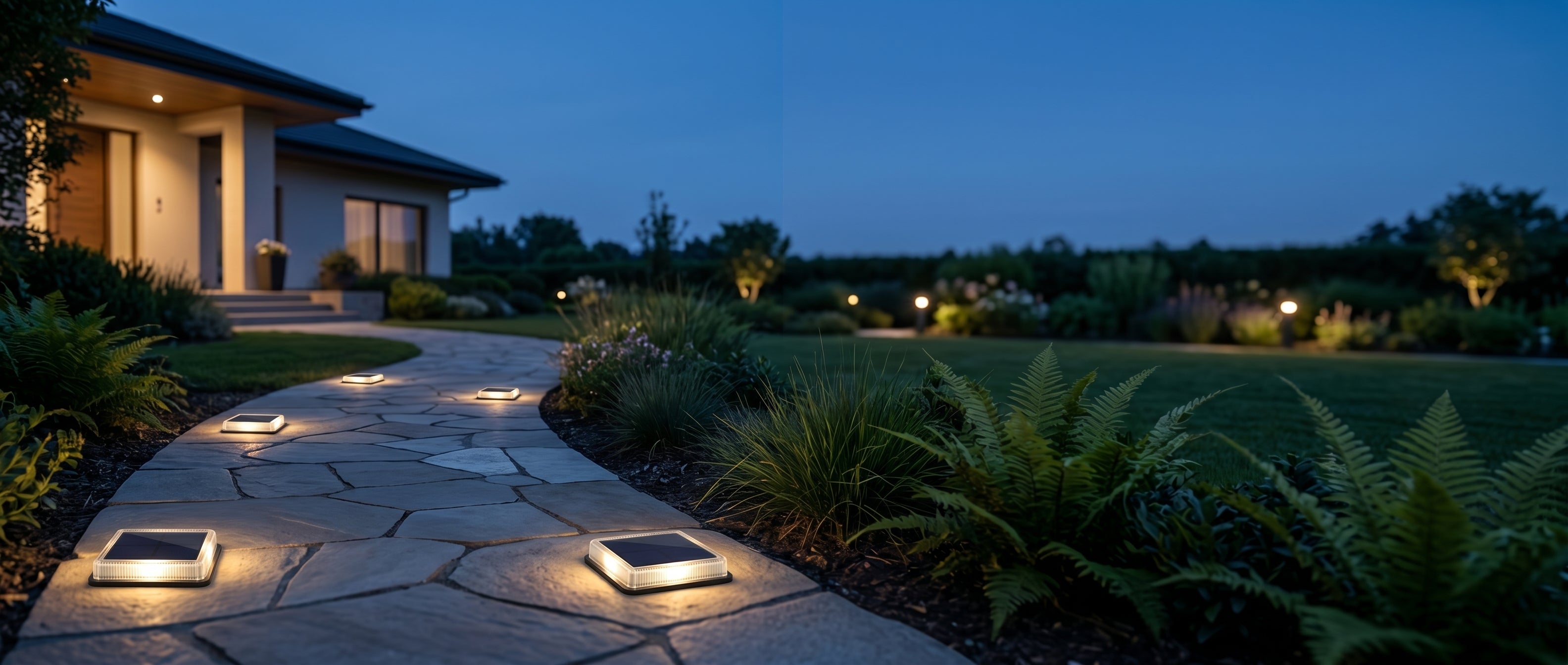 Lucciola solar ground lights along a luxury garden path at twilight