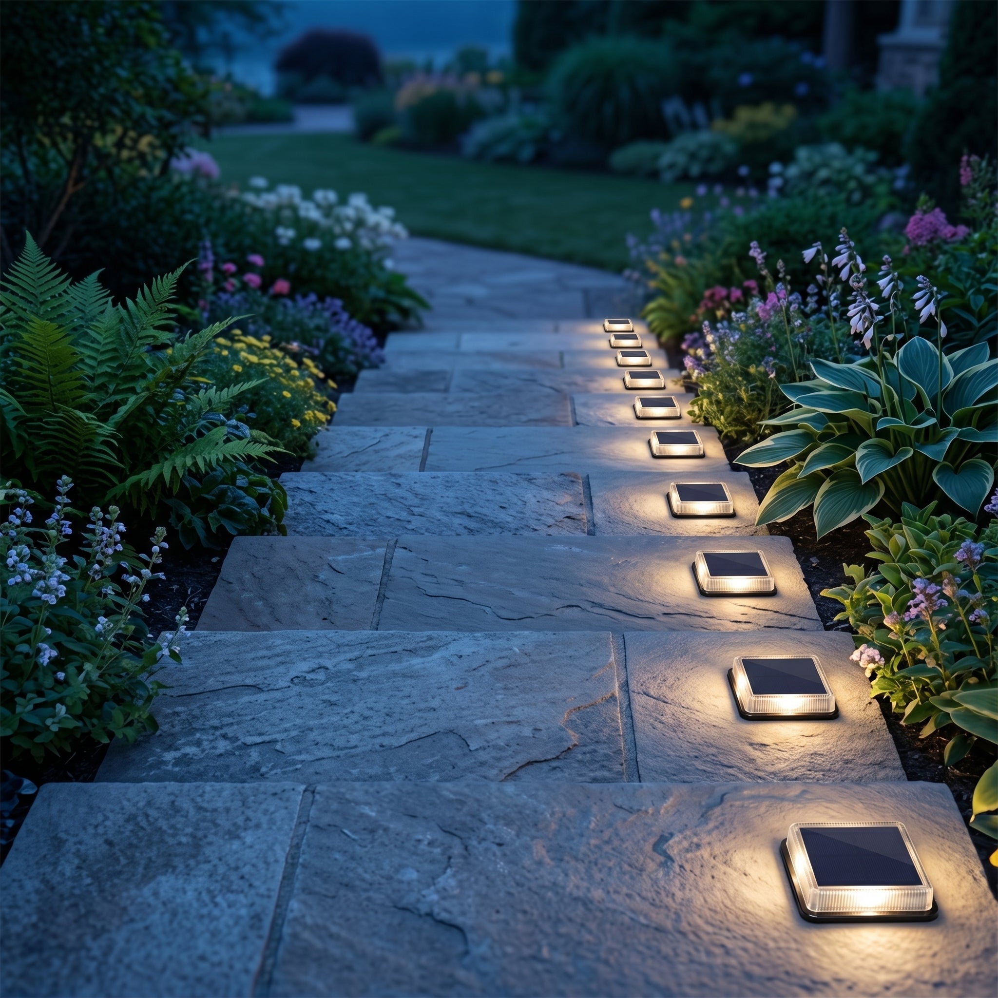 Lucciola solar ground lights set flush along the side of a garden path, keeping the walkway clear, at twilight