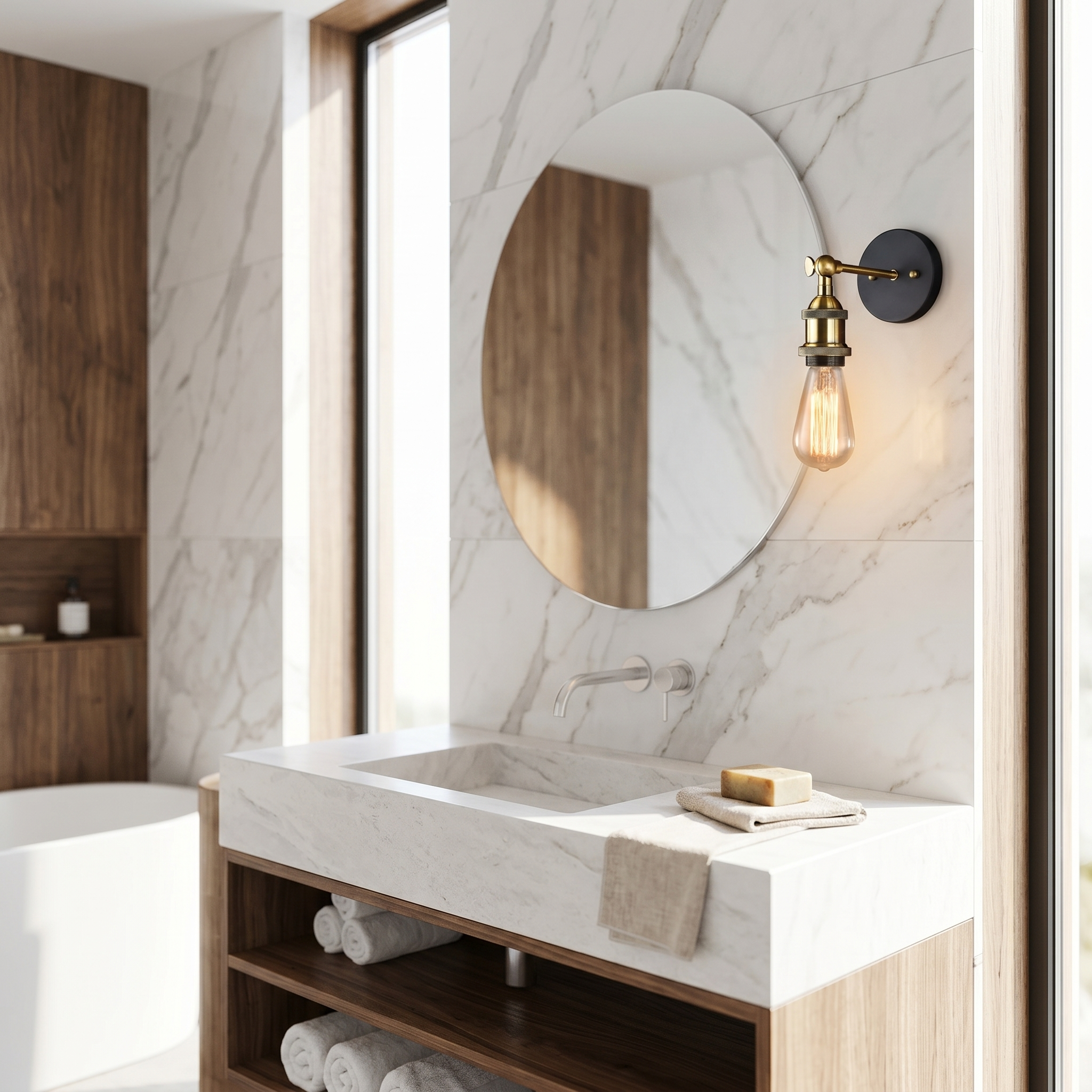 Fiammetta Brass Edison Wall Sconce beside a round mirror in a marble bathroom