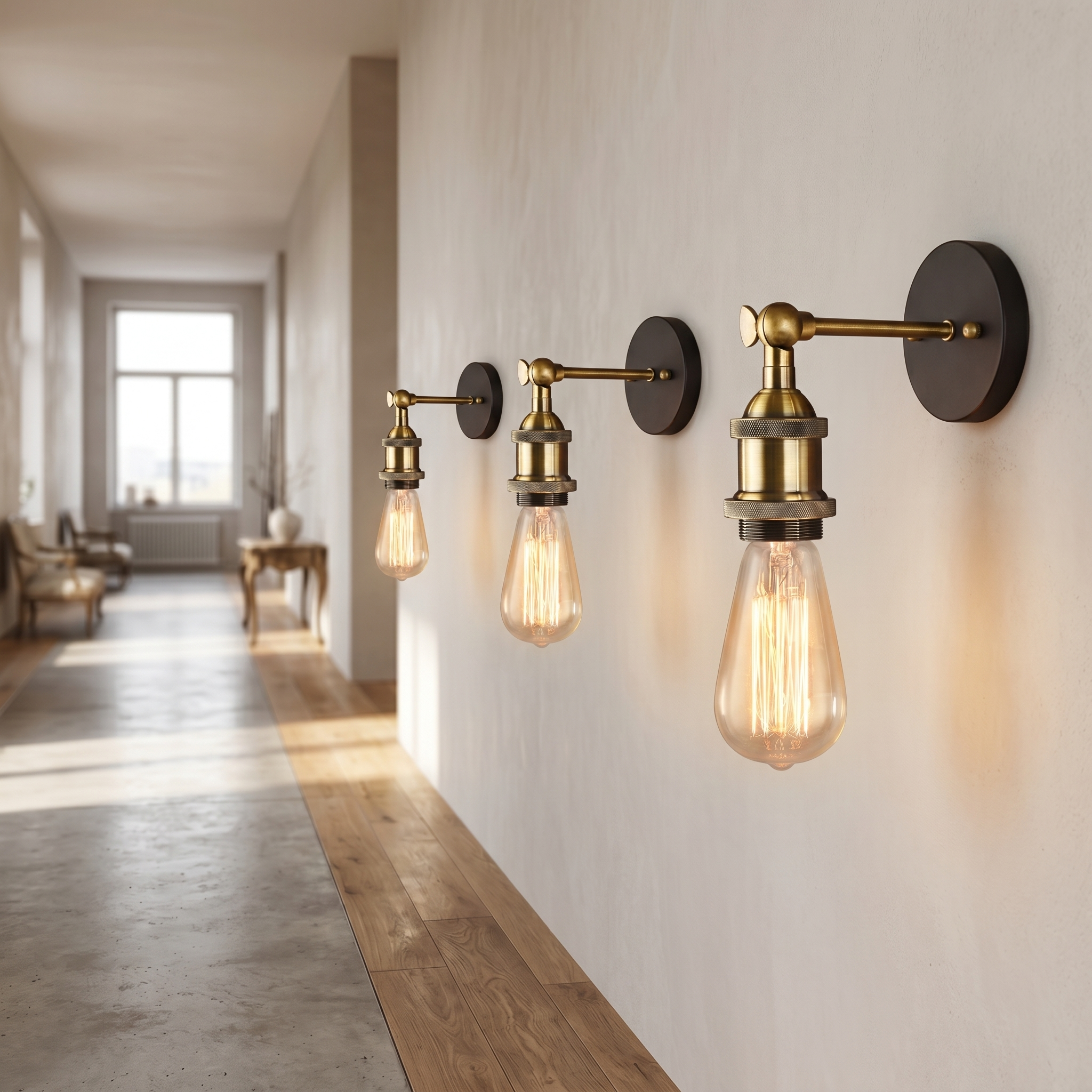 Three Fiammetta Brass Edison Wall Sconces lining a bright hallway